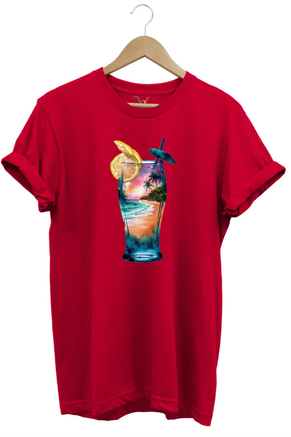 Summer Yaz Havasa Ve Kokteyl Baskılı %100 Pamuk Unisex Regular Fit T-Shirt - Kırmızı