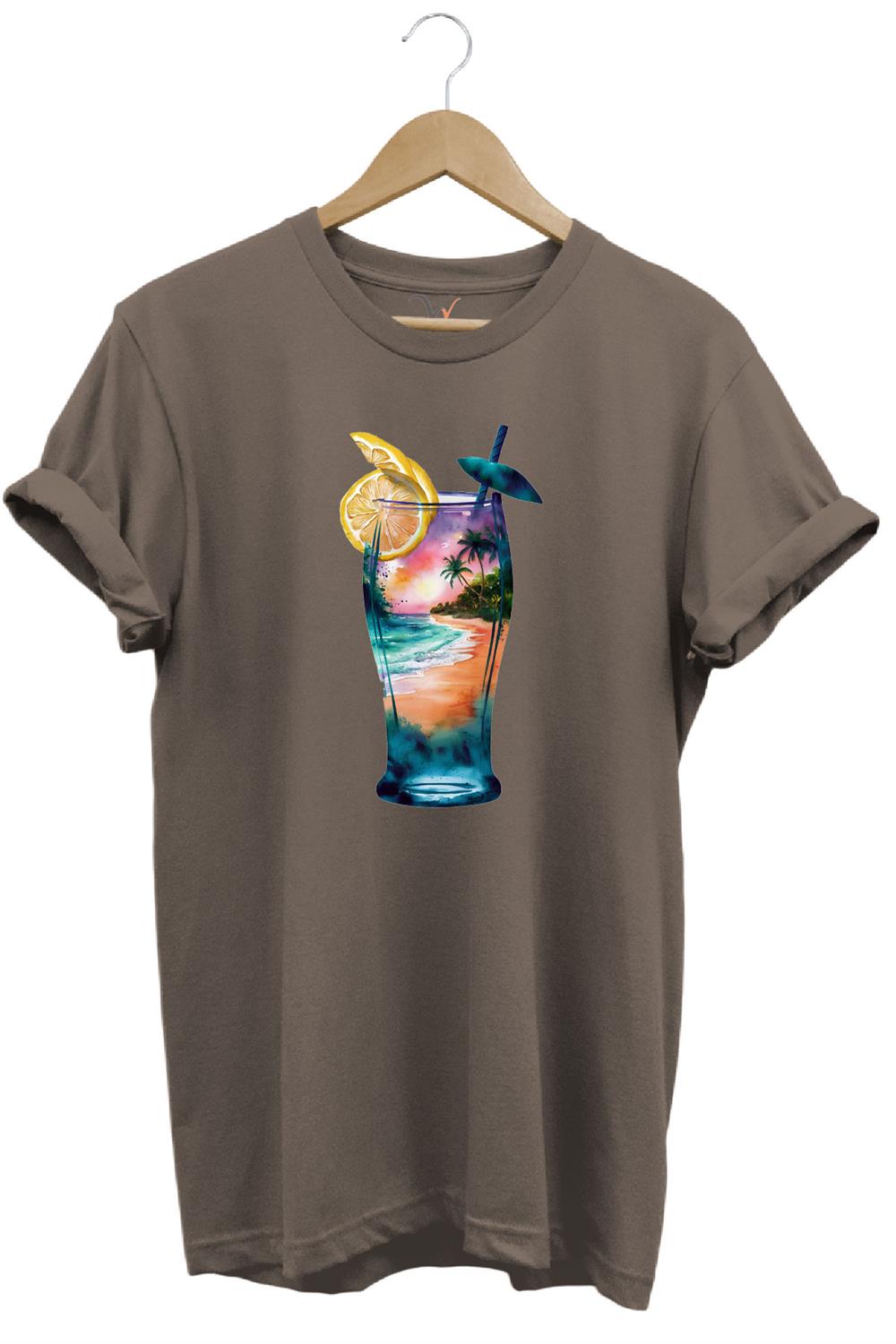 Summer Yaz Havasa Ve Kokteyl Baskılı %100 Pamuk Unisex Regular Fit T-Shirt - Kahve