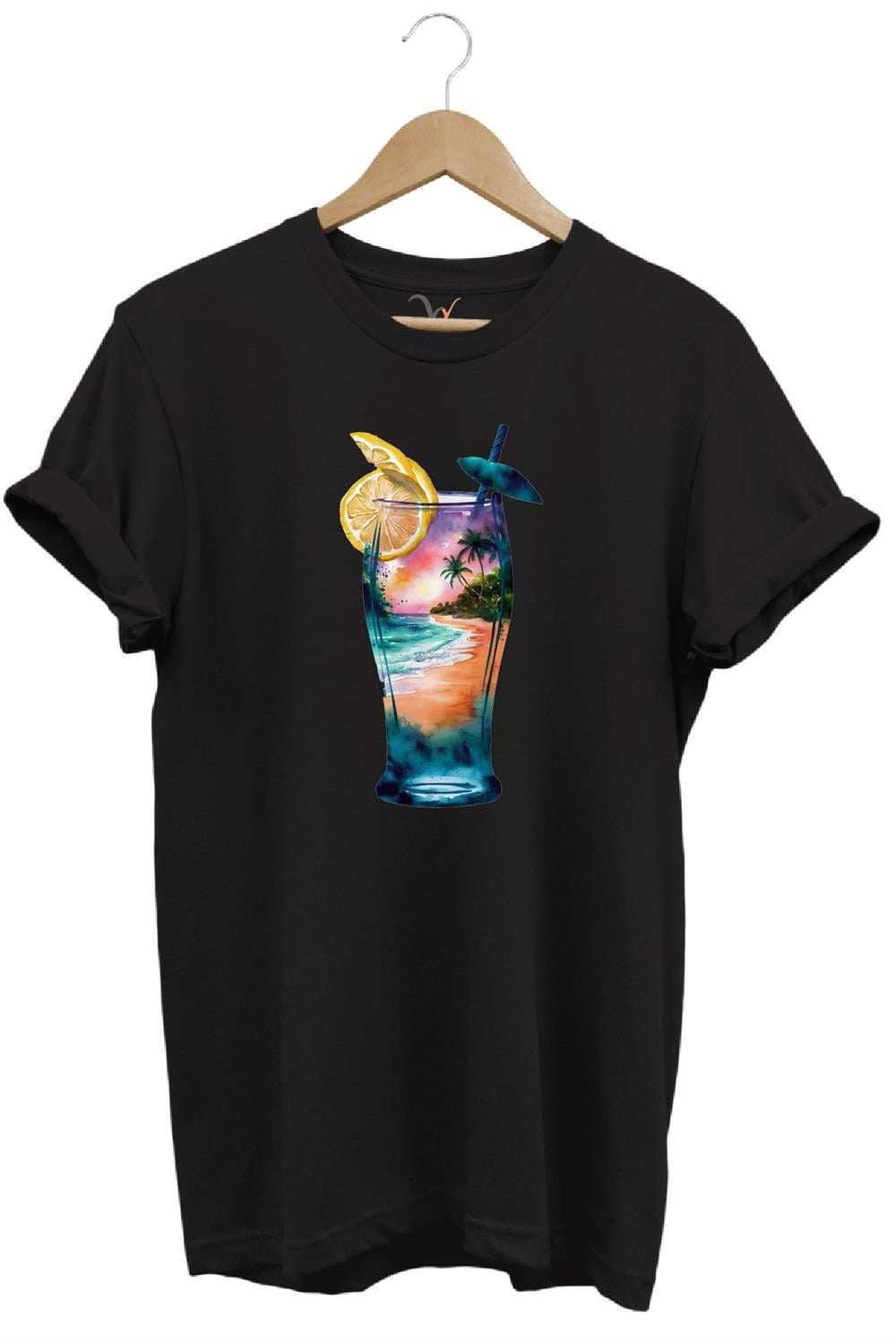 Summer Yaz Havasa Ve Kokteyl Baskılı %100 Pamuk Unisex Regular Fit T-Shirt - Siyah