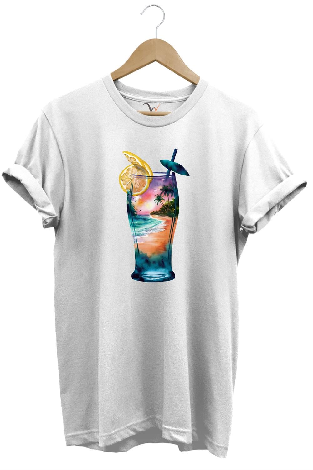 Summer Yaz Havasa Ve Kokteyl Baskılı %100 Pamuk Unisex Regular Fit T-Shirt - Beyaz