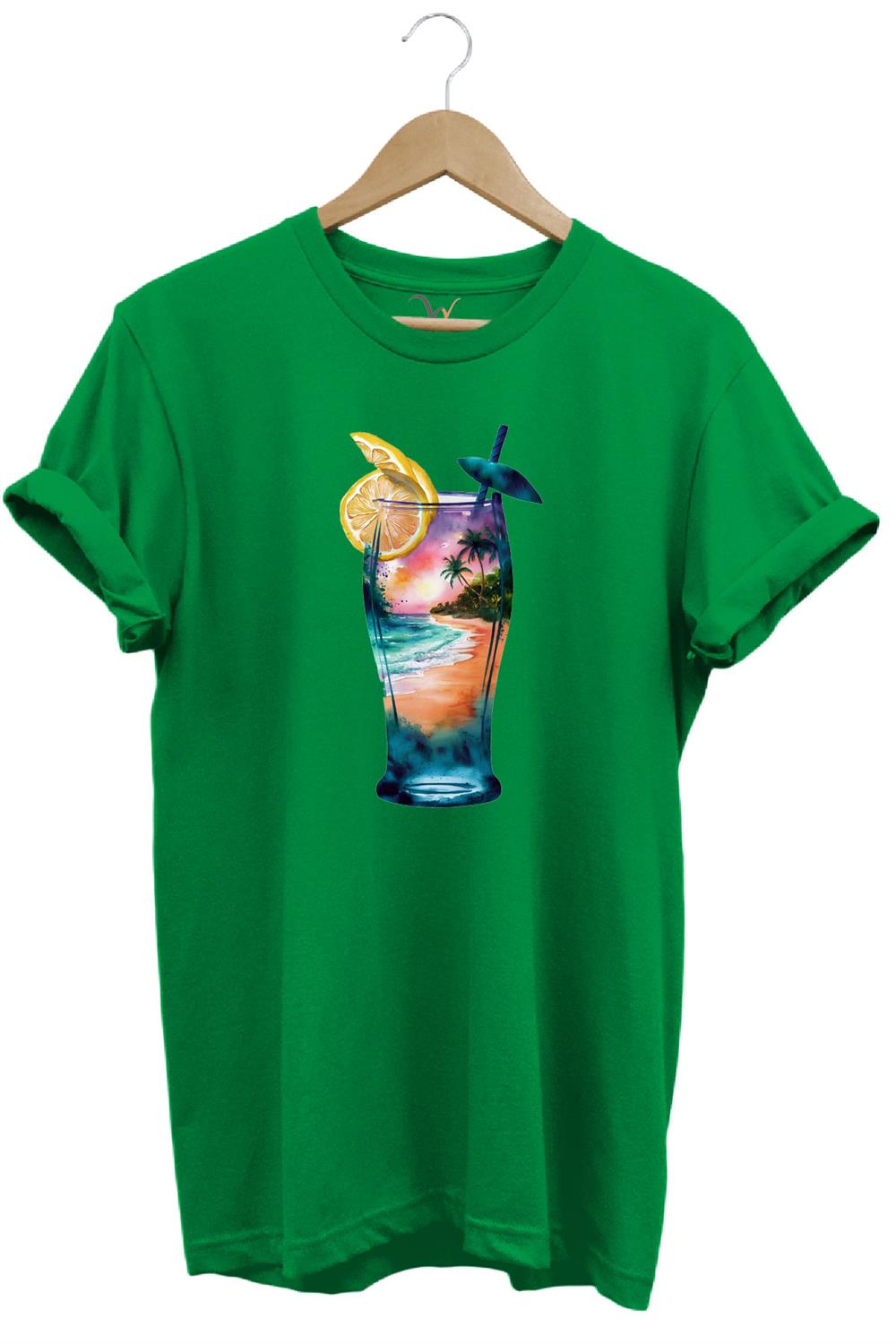 Summer Yaz Havasa Ve Kokteyl Baskılı %100 Pamuk Unisex Regular Fit T-Shirt - Yeşil