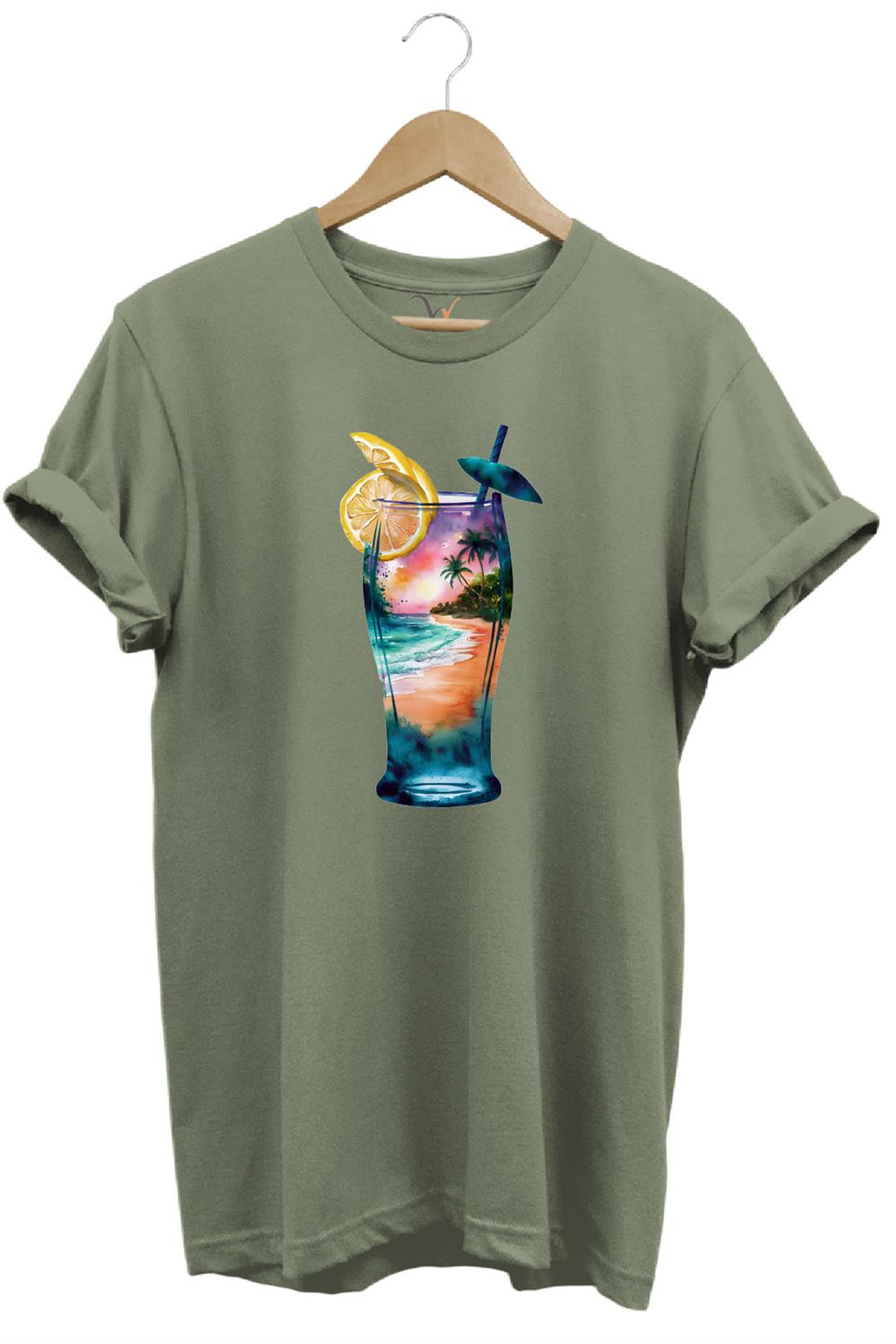 Summer Yaz Havasa Ve Kokteyl Baskılı %100 Pamuk Unisex Regular Fit T-Shirt - Haki