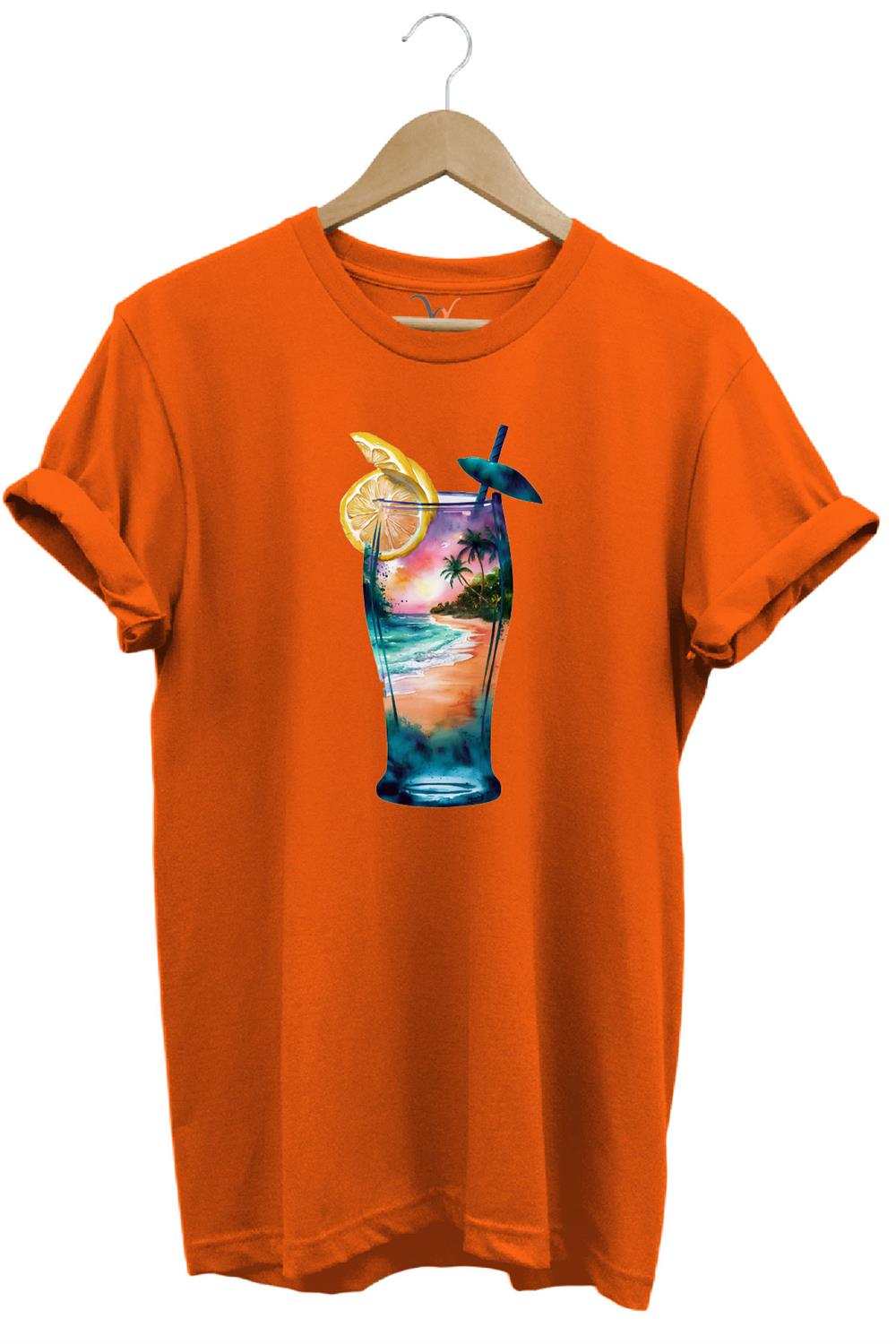 Summer Yaz Havasa Ve Kokteyl Baskılı %100 Pamuk Unisex Regular Fit T-Shirt - Turuncu