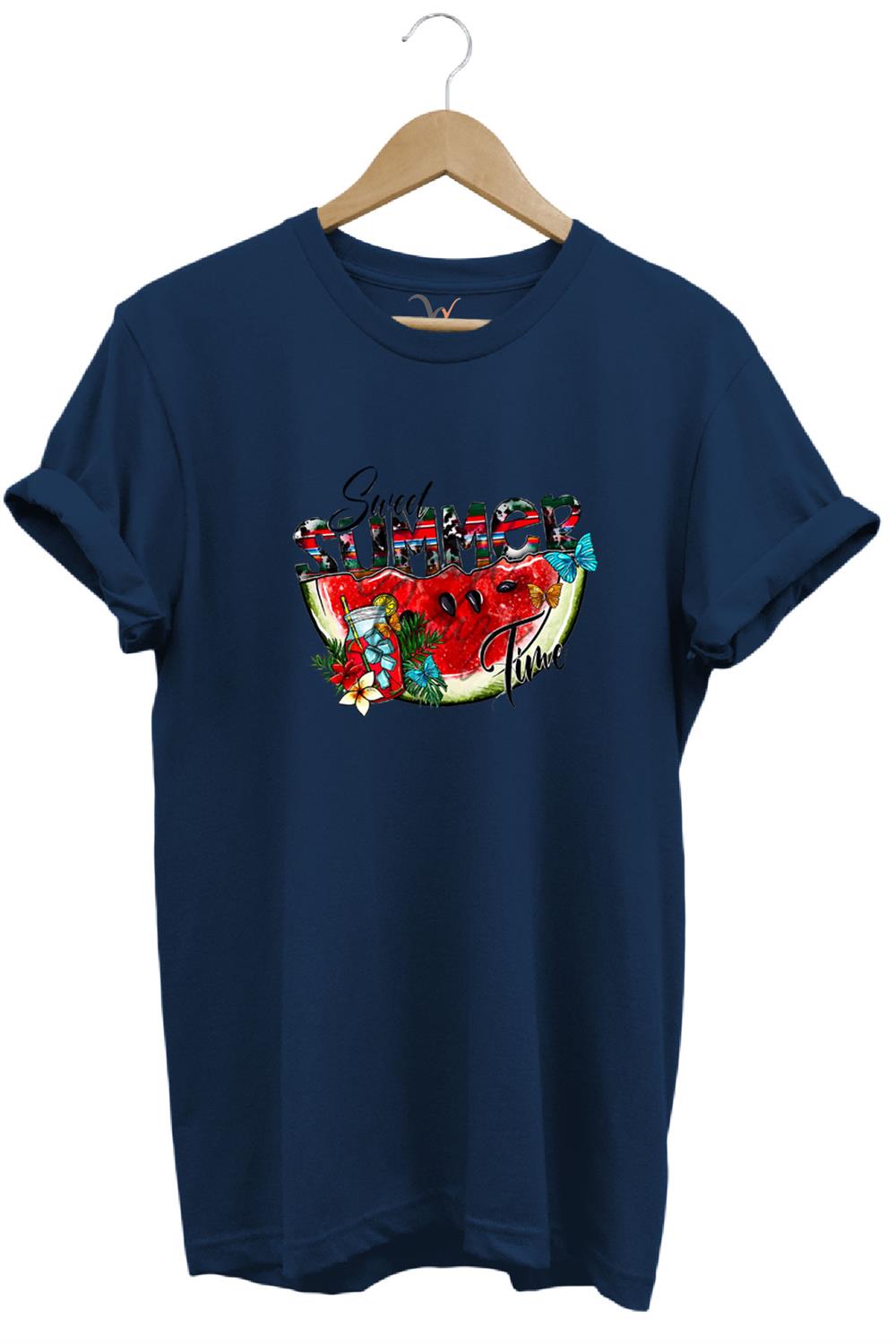 Summer Yazlık Karpuz Tasarım Baskılı %100 Pamuk Regular Fit T-Shirt - Lacivert