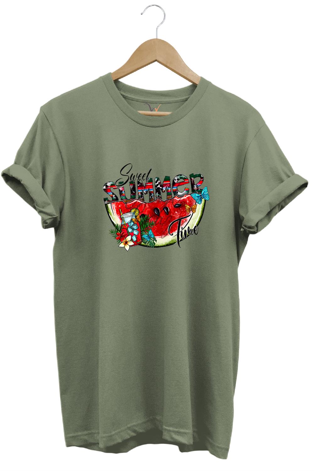 Summer Yazlık Karpuz Tasarım Baskılı %100 Pamuk Regular Fit T-Shirt - Haki