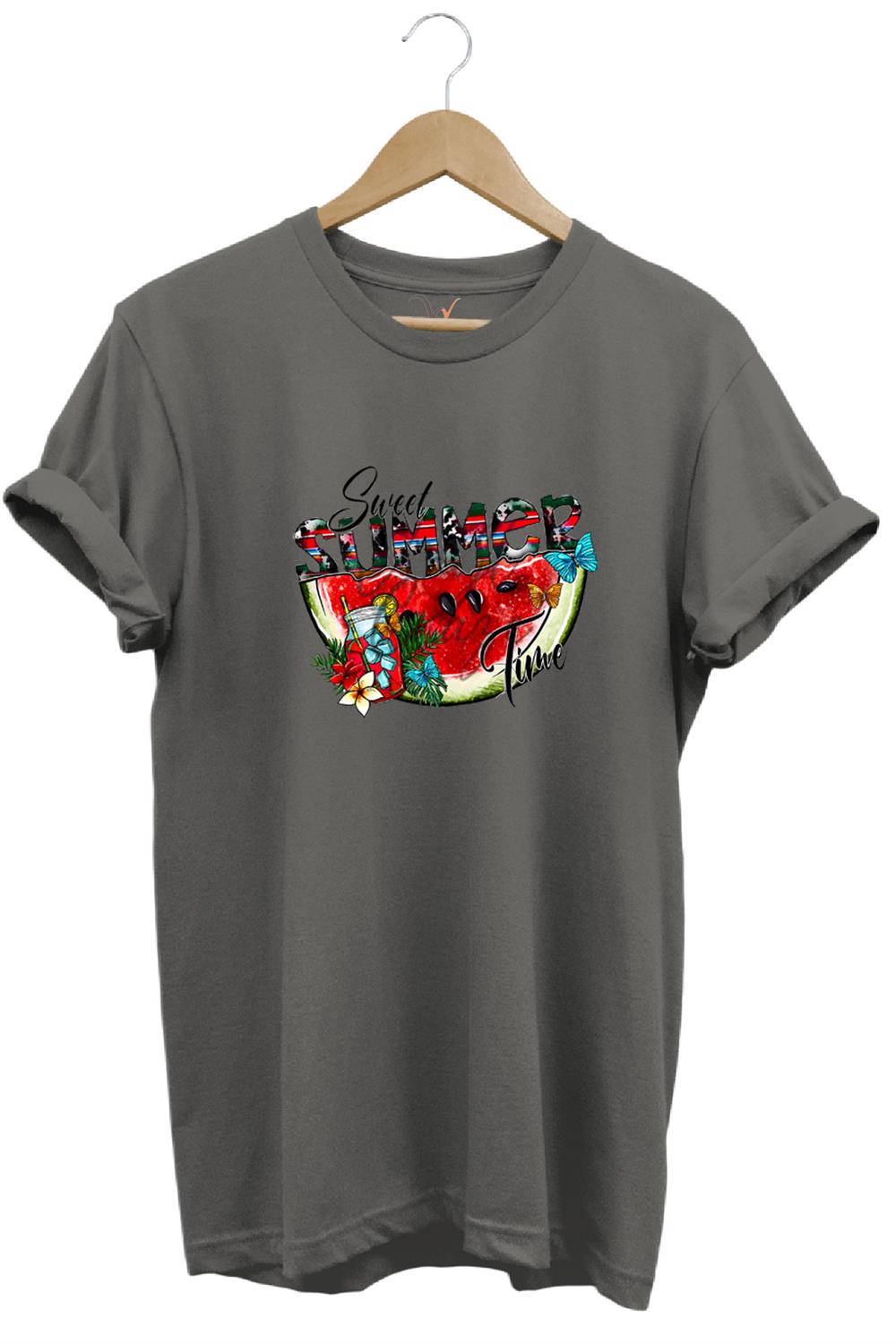 Summer Yazlık Karpuz Tasarım Baskılı %100 Pamuk Regular Fit T-Shirt - Antrasit