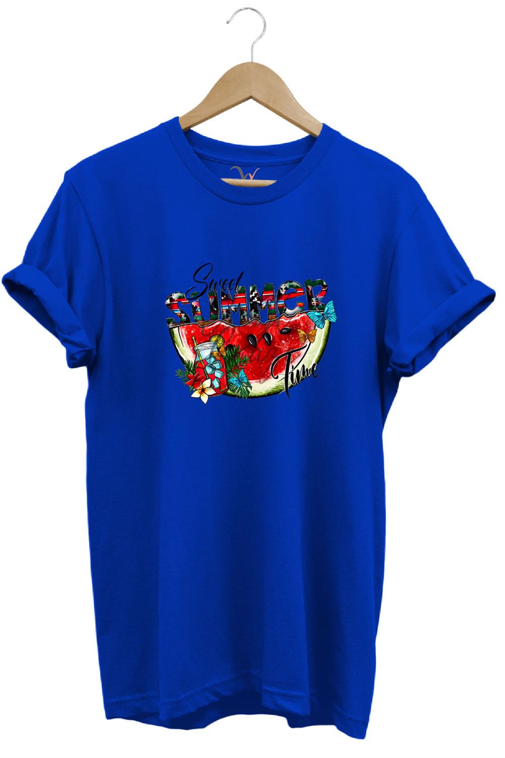Summer Yazlık Karpuz Tasarım Baskılı %100 Pamuk Regular Fit T-Shirt - Mavi