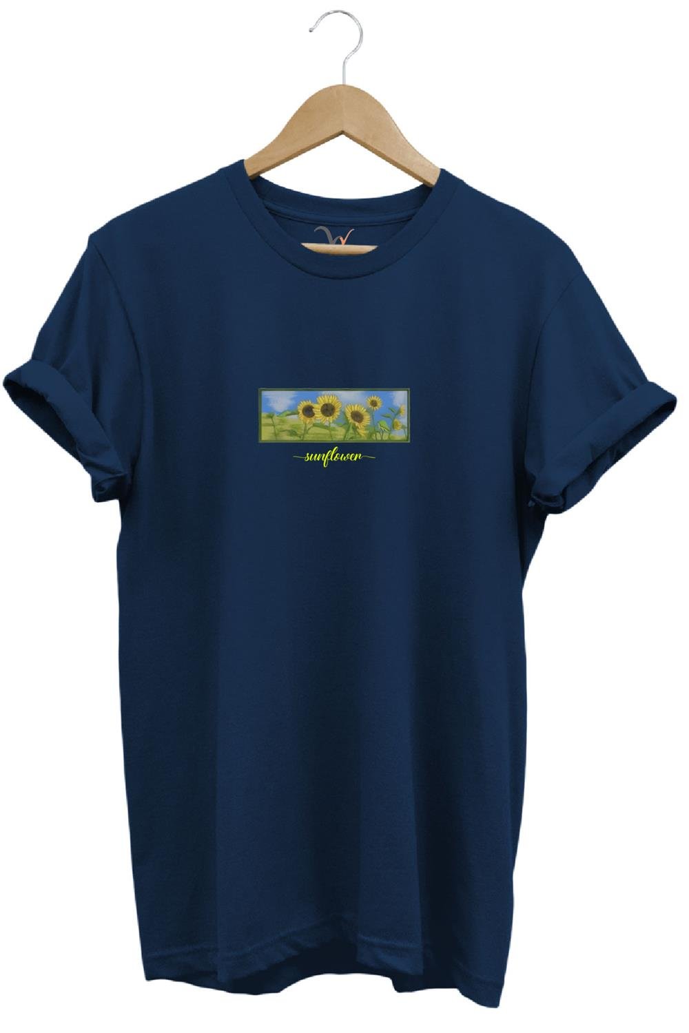 Sunflower Ayçiçeği Minimal Doğa Baskılı Regular Fit %100 Pamuk T-Shirt - Lacivert