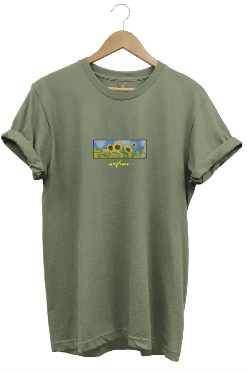Sunflower Ayçiçeği Minimal Doğa Baskılı Regular Fit %100 Pamuk T-Shirt - Haki