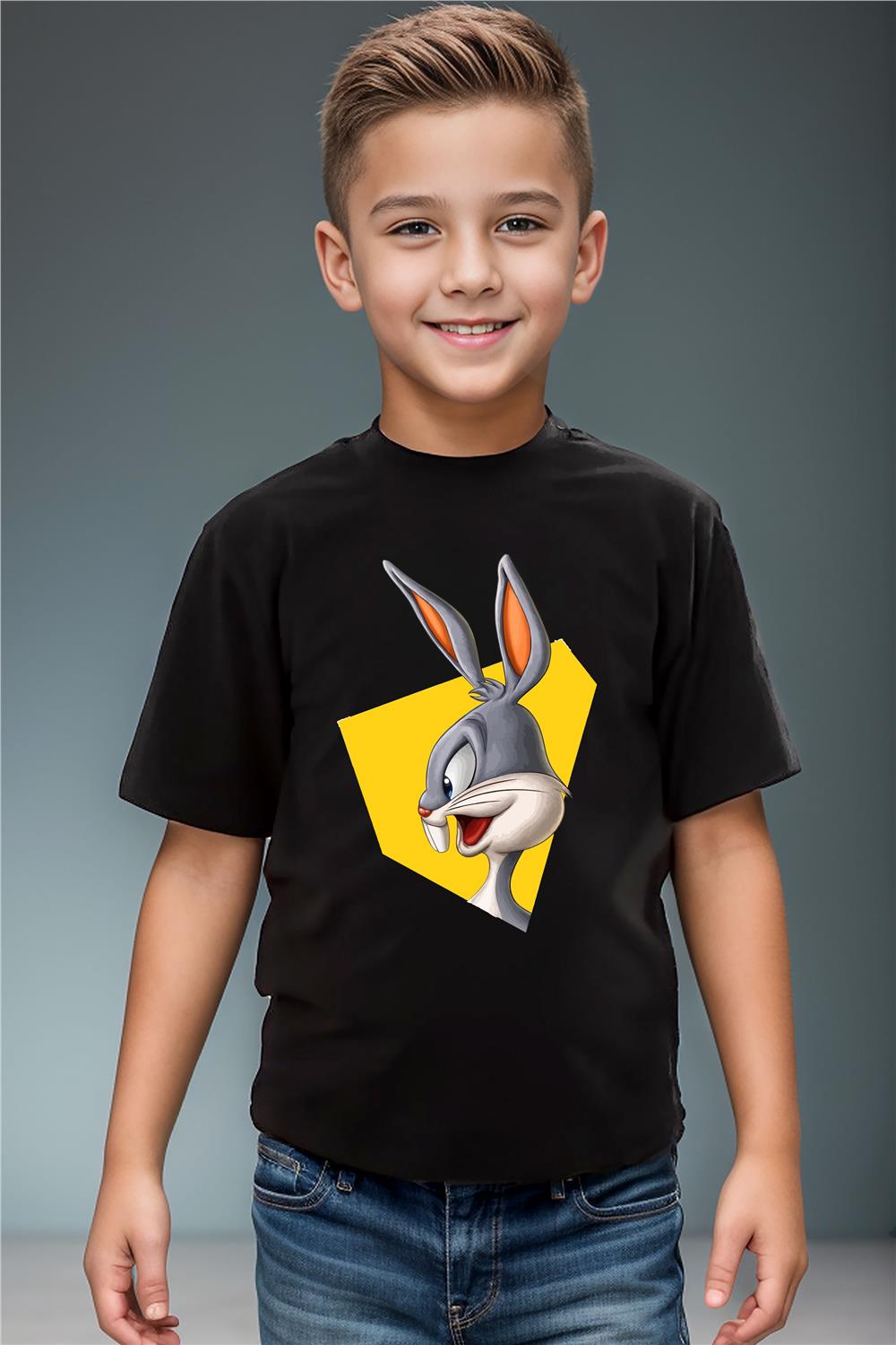 Tavşan Baskılı Premium Kız Çocuk Erkek Çocuk T-Shirt - Siyah