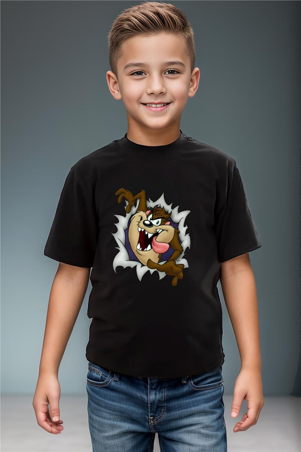 Tazmanya Baskılı Regular Fit Kız Çocuk Erkek Çocuk %100 Pamuk T-Shirt - Siyah