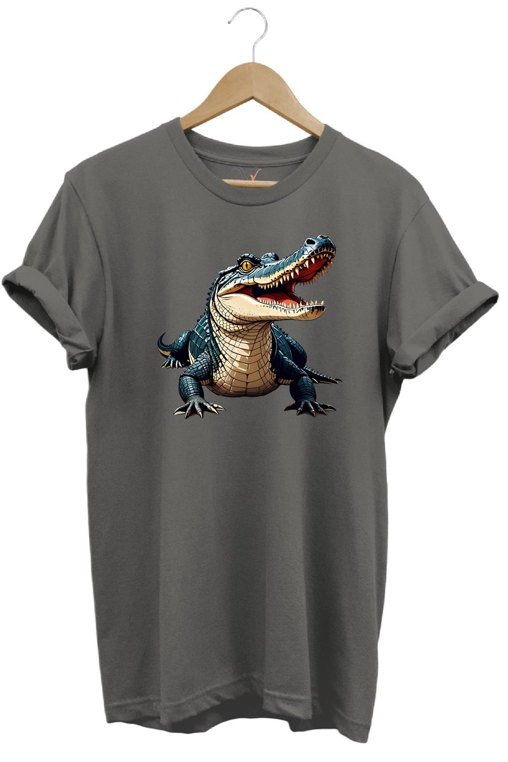 Timsah Baskılı %100 Pamuk Regular Fit T-Shirt - Antrasit