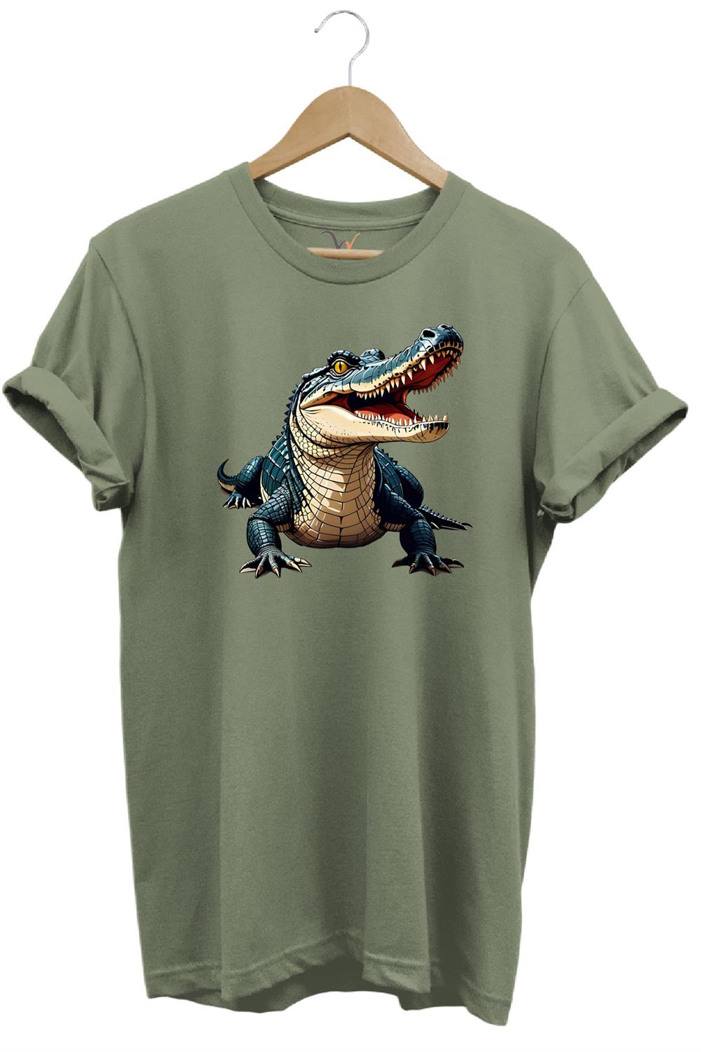 Timsah Baskılı %100 Pamuk Regular Fit T-Shirt - Haki