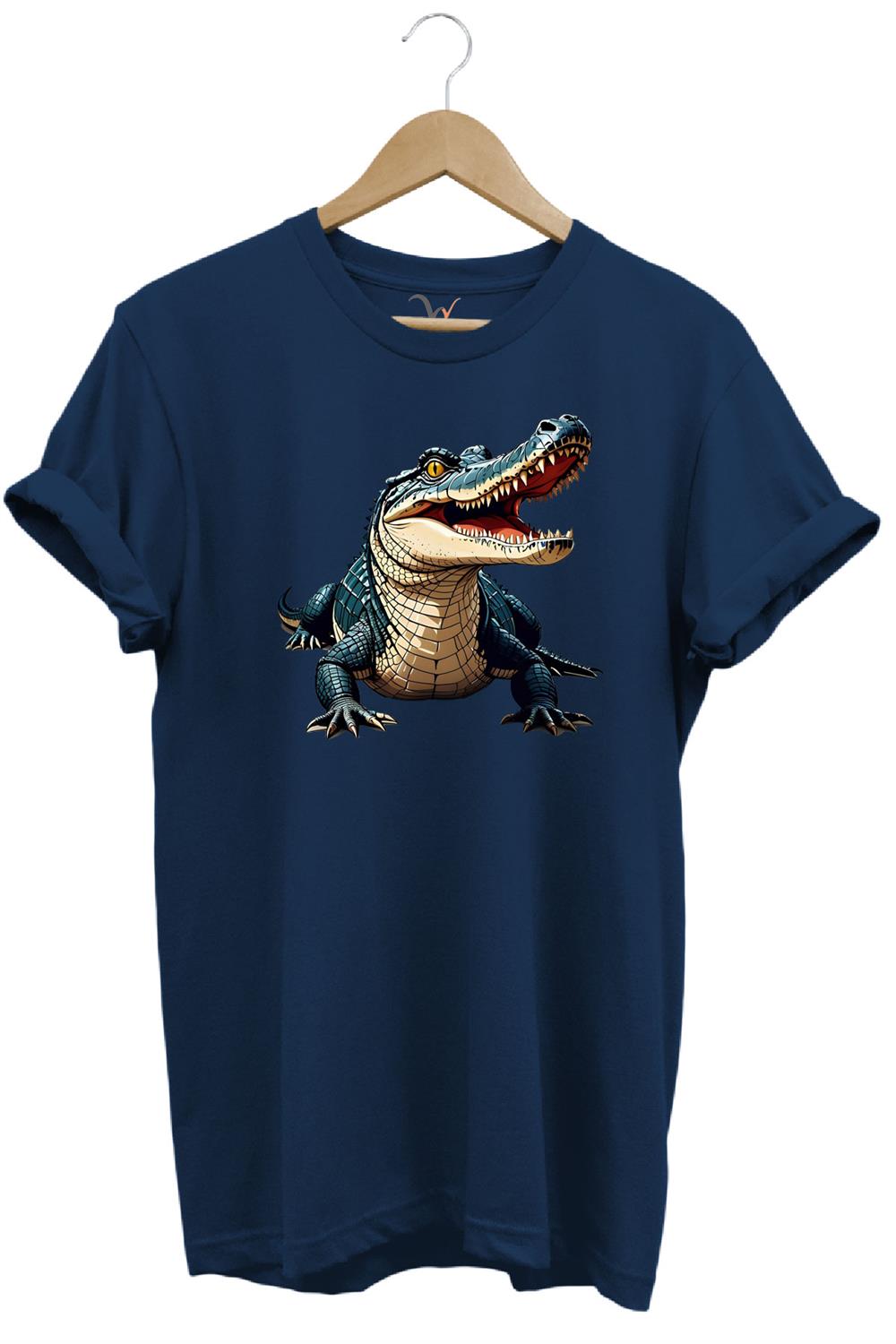 Timsah Baskılı %100 Pamuk Regular Fit T-Shirt - Lacivert