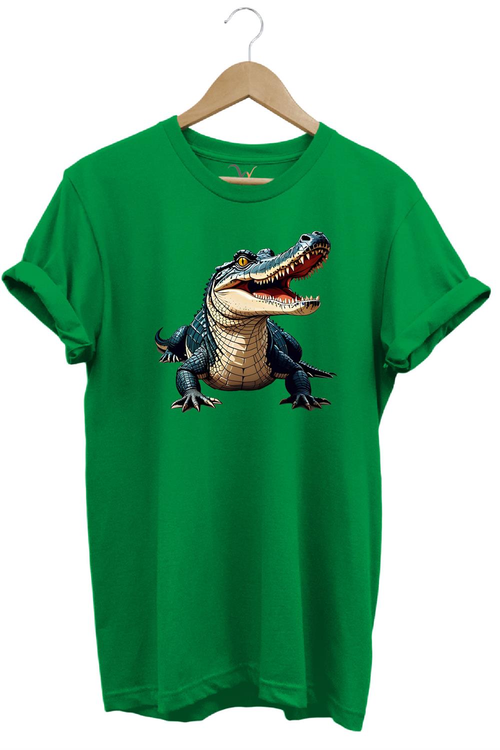 Timsah Baskılı %100 Pamuk Regular Fit T-Shirt - Yeşil