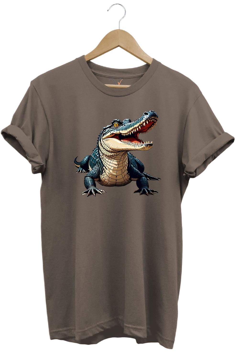 Timsah Baskılı %100 Pamuk Regular Fit T-Shirt - Kahve