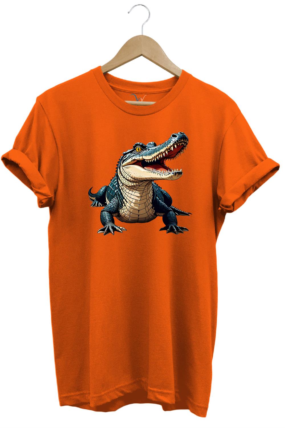 Timsah Baskılı %100 Pamuk Regular Fit T-Shirt - Turuncu