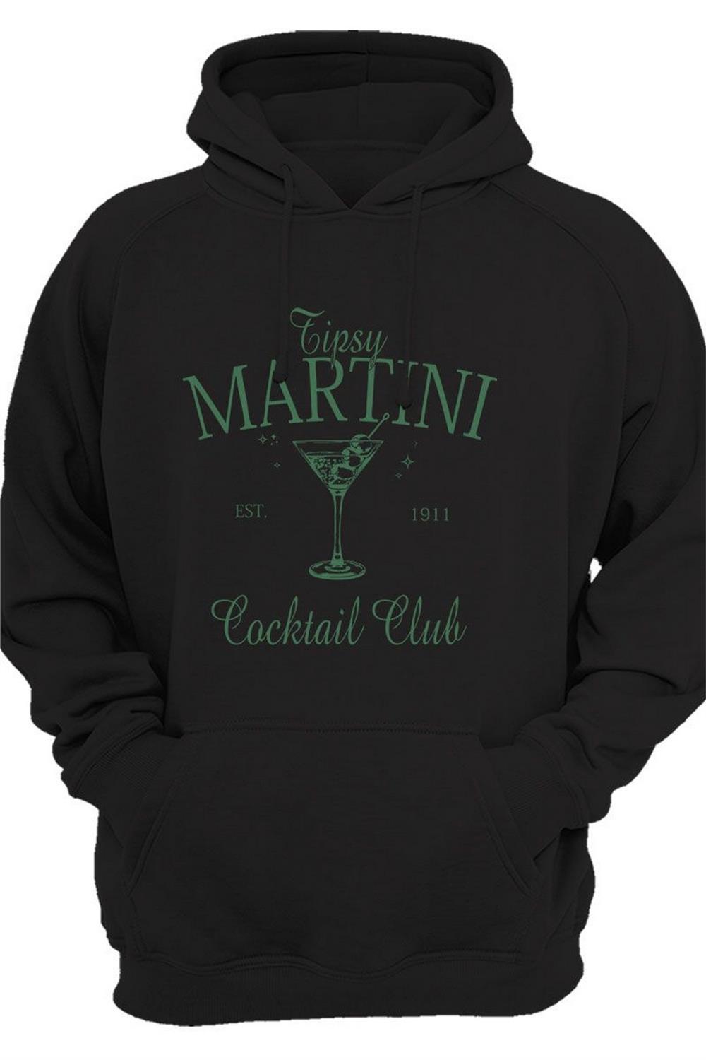 Tipsy Martini Cocktail Club Tasarım Baskılı Old Money Y2K 3 Iplik Şardonlu Kanguru Cepli Sweatshirt - Siyah
