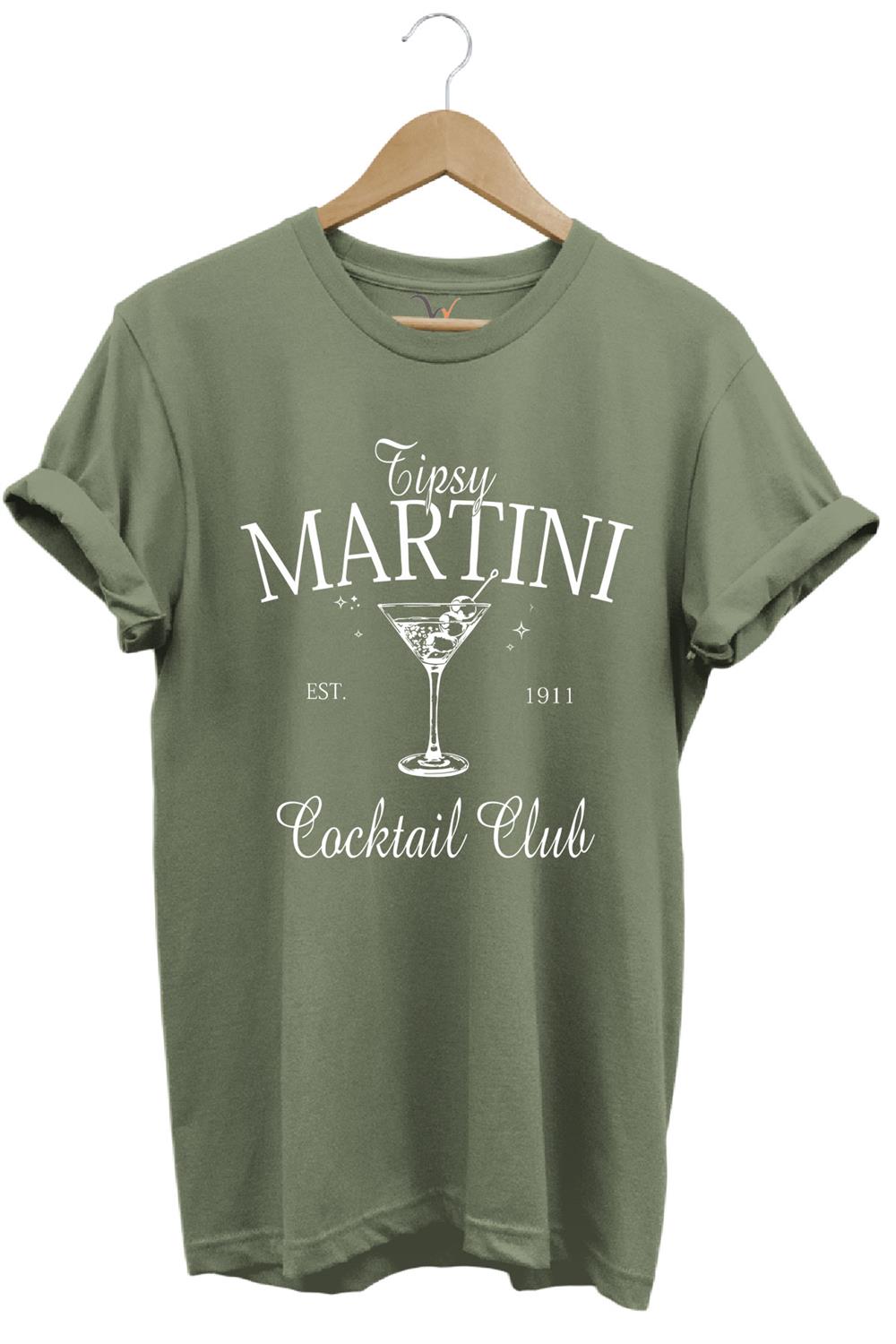 Tipsy Martini Cocktail Club Tasarım Baskılı Old Money Y2K %100 Pamuk Regular Fit Premium T-Shirt - Haki