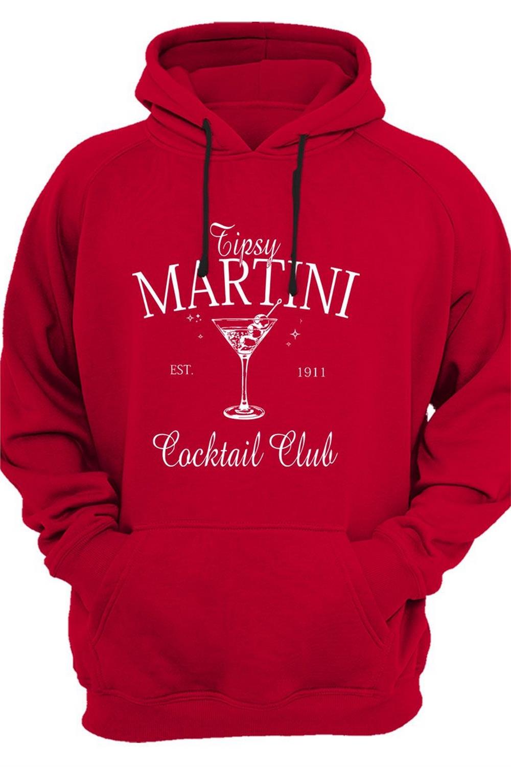 Tipsy Martini Cocktail Club Tasarım Baskılı Old Money Y2K 3 Iplik Şardonlu Kanguru Cepli Sweatshirt - Kırmızı