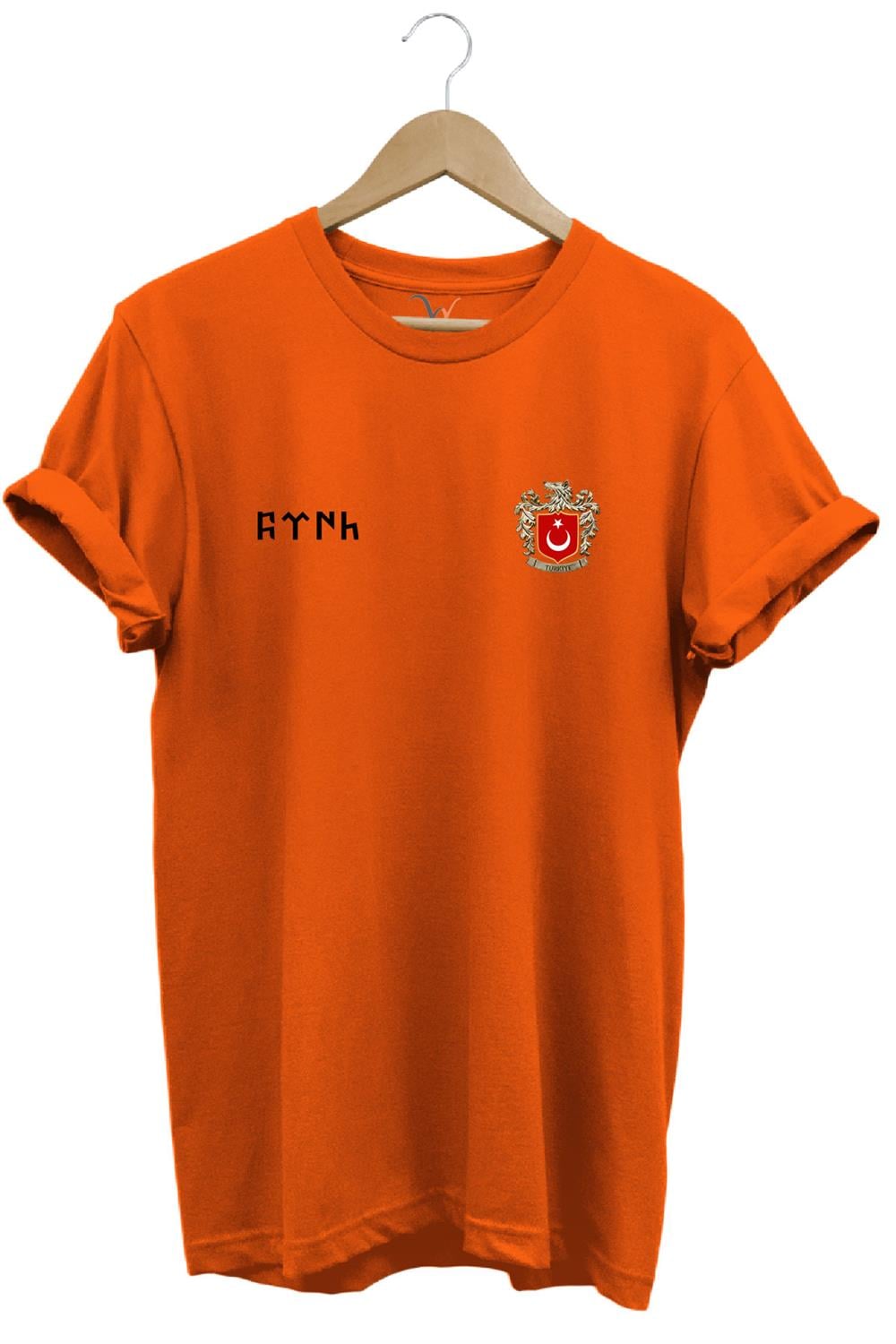 Türk Bozkurt Baskılı Bozkurt Sembolü Türkiye Ve Türk Bayrağı Kurt Regular Fit %100 Pamuk T-Shirt - Turuncu