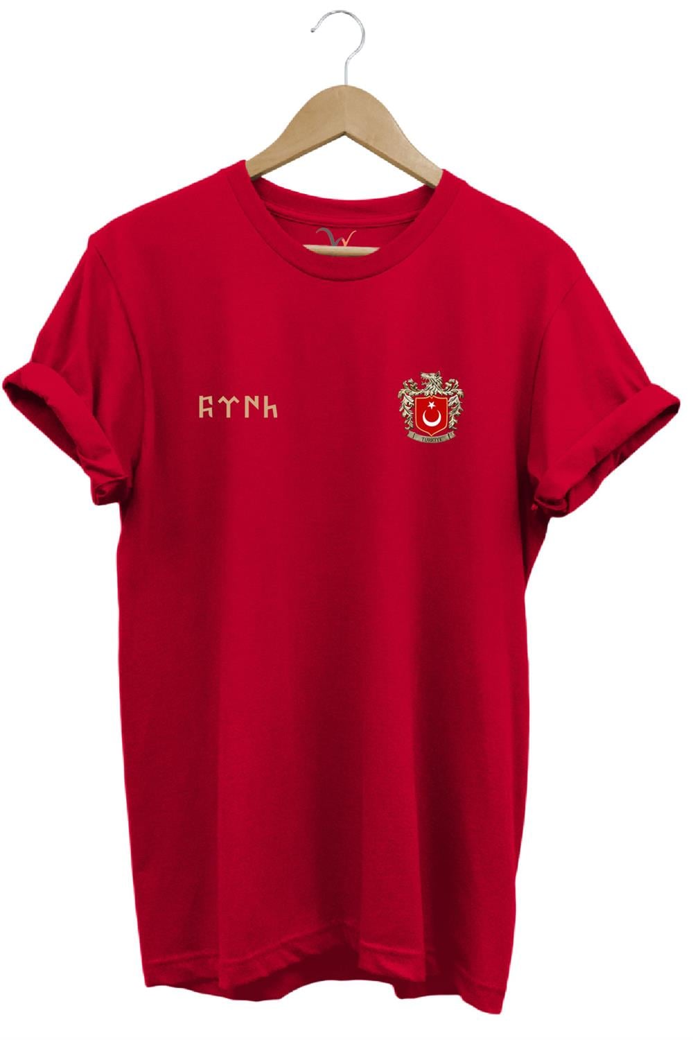 Türk Bozkurt Baskılı Bozkurt Sembolü Türkiye Ve Türk Bayrağı Kurt Regular Fit %100 Pamuk T-Shirt - Kırmızı