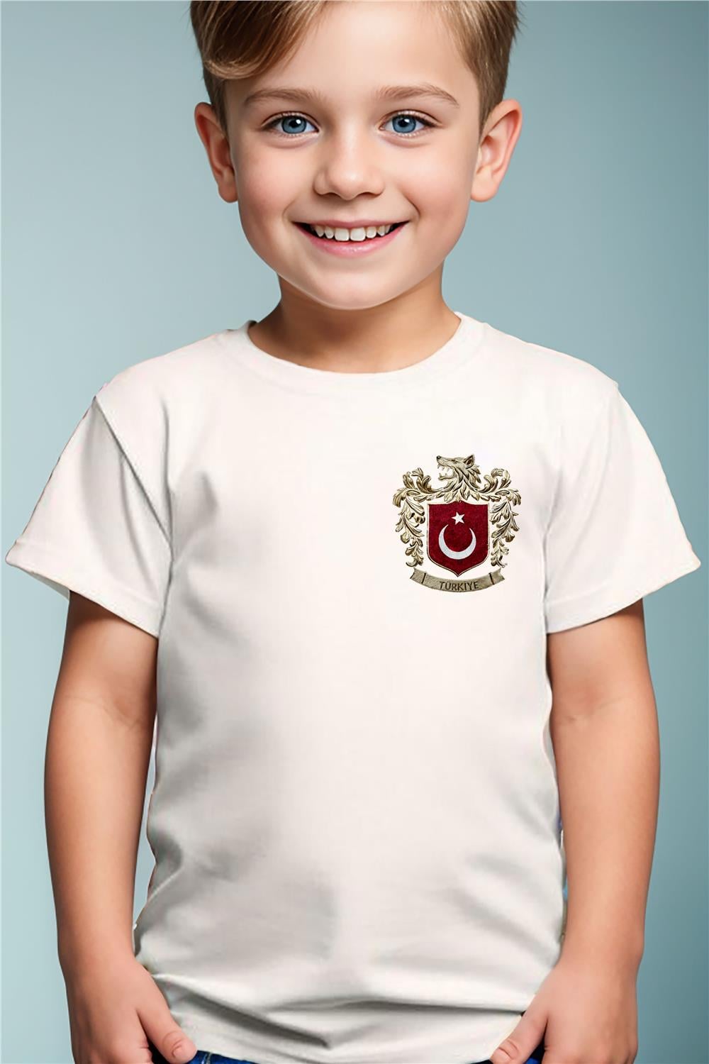 Türk Bozkurt Ve Türkiye Türk Bayrağı Baskılı %100 Pamuk Erkek Çocuk Kız Çocuk T-Shirt - Beyaz