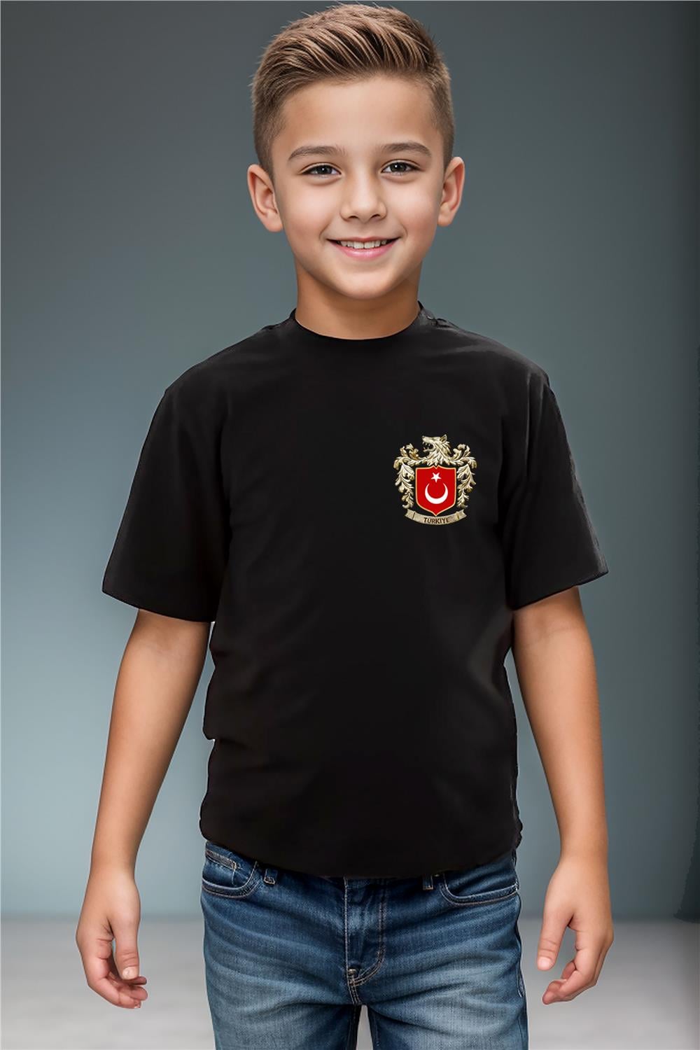 Türk Bozkurt Ve Türkiye Türk Bayrağı Baskılı %100 Pamuk Erkek Çocuk Kız Çocuk T-Shirt - Siyah