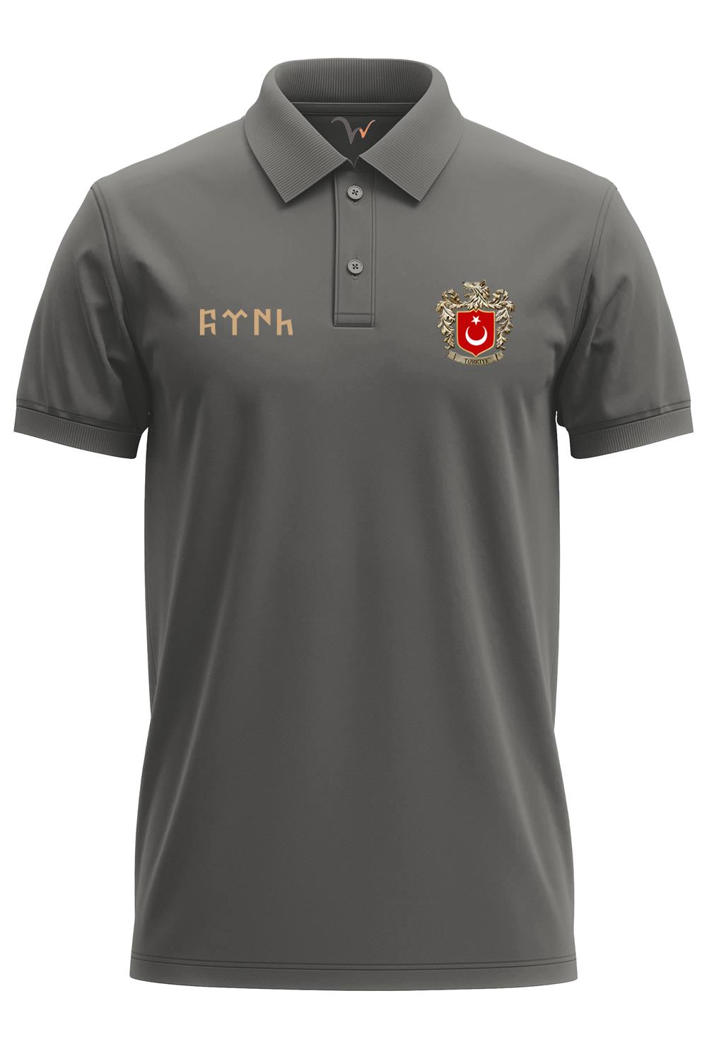 Türk Ve Türkiye Bozkurt Baskılı Göktürkçe Türk Yazılı Börü Regular Fit%100 Pamuk Polo Yaka T-Shirt - Antrasit