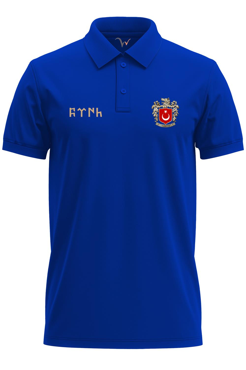 Türk Ve Türkiye Bozkurt Baskılı Göktürkçe Türk Yazılı Börü Regular Fit%100 Pamuk Polo Yaka T-Shirt - Mavi