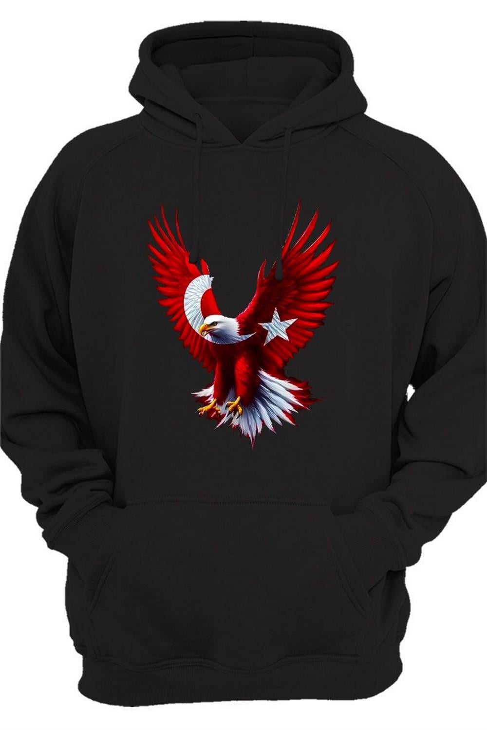 Türkiye Ay Yıldız Bayrak Kartal Baskılı 3 Iplik Kalın Şardonlu Kanguru Cepli Sweatshirt - Siyah