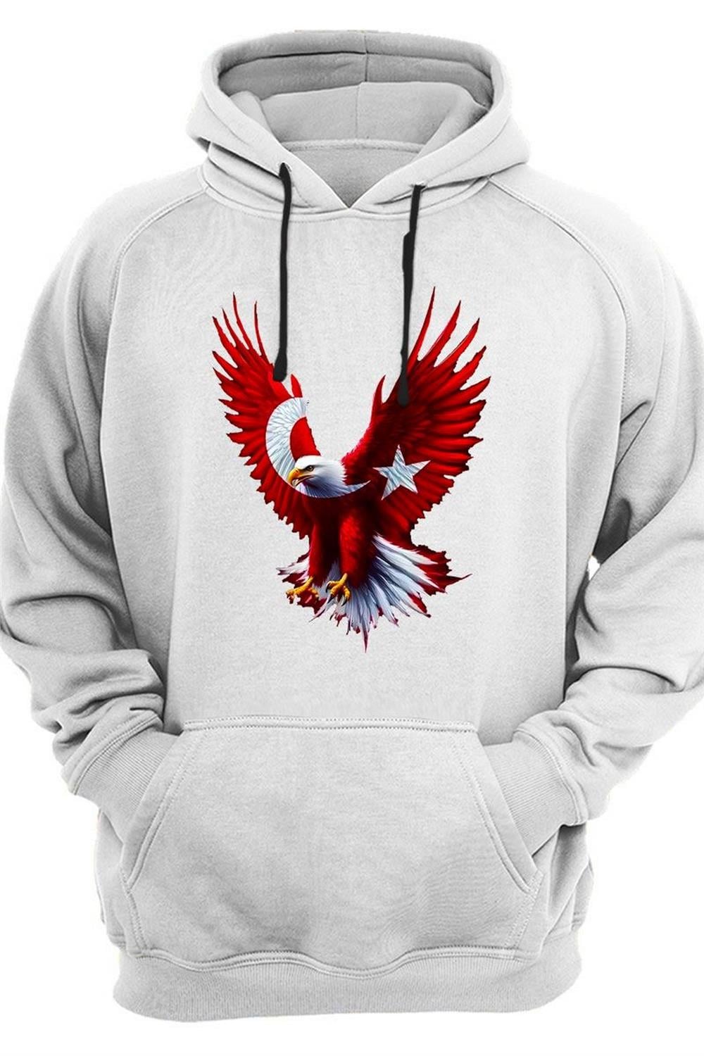 Türkiye Ay Yıldız Bayrak Kartal Baskılı 3 Iplik Kalın Şardonlu Kanguru Cepli Sweatshirt - Beyaz
