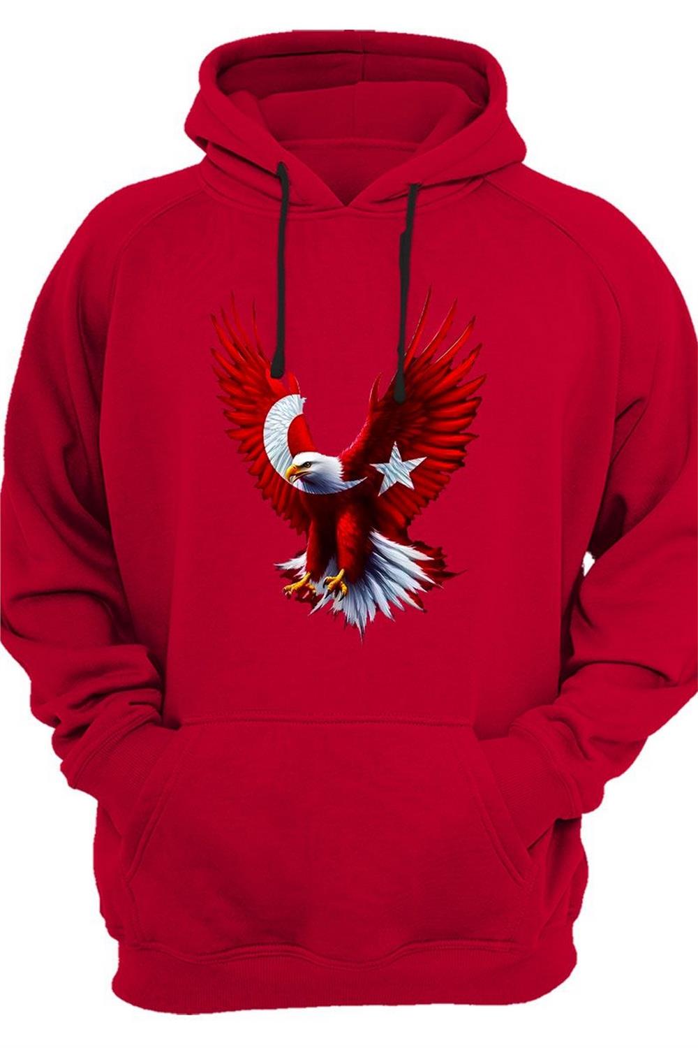 Türkiye Ay Yıldız Bayrak Kartal Baskılı 3 Iplik Kalın Şardonlu Kanguru Cepli Sweatshirt - Kırmızı