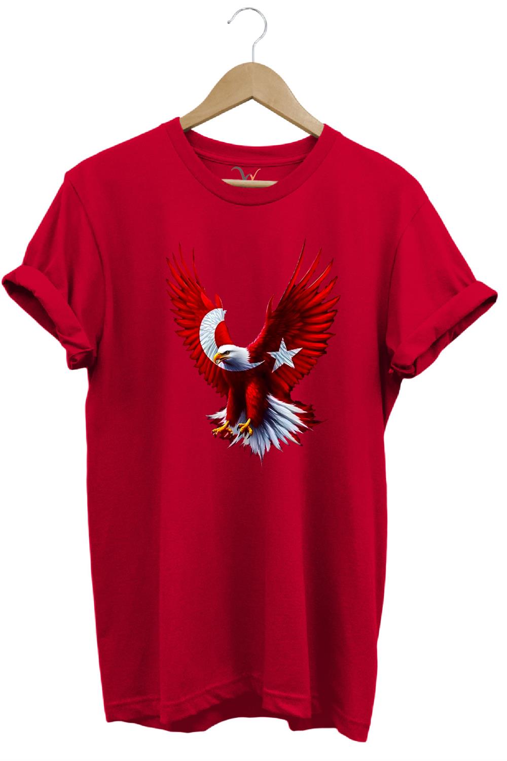 Türkiye Ay Yıldız Türk Bayrağı Kartal Tasarım Baskılı %100 Pamuk Regular Fit Bisiklet Yaka T-Shirt - Kırmızı