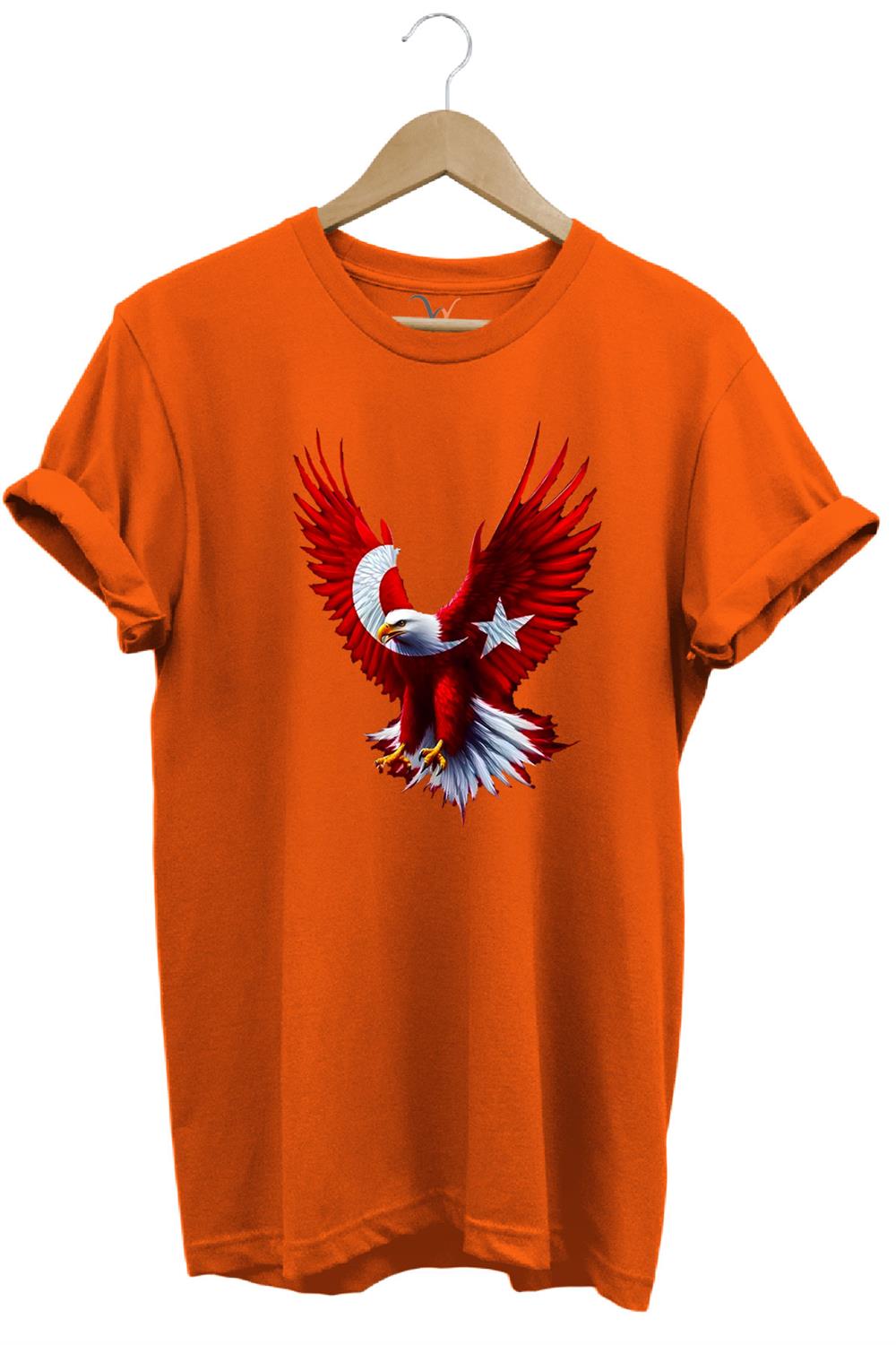 Türkiye Ay Yıldız Türk Bayrağı Kartal Tasarım Baskılı %100 Pamuk Regular Fit Bisiklet Yaka T-Shirt - Turuncu