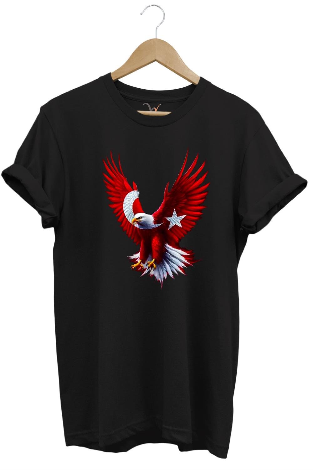 Türkiye Ay Yıldız Türk Bayrağı Kartal Tasarım Baskılı %100 Pamuk Regular Fit Bisiklet Yaka T-Shirt - Siyah