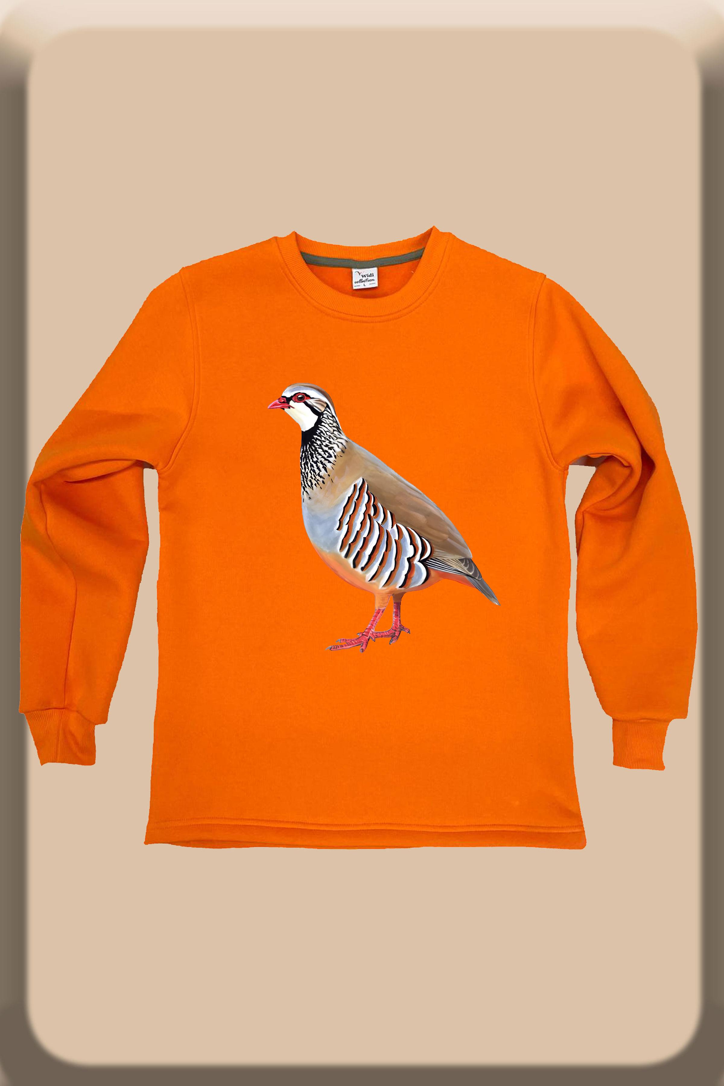 Unisex Avcılık Hunting Vahşi Yaşam Keklik Baskılı Pamuklu Regular Fit Bisiklet Yaka Sweatshirt Turuncu