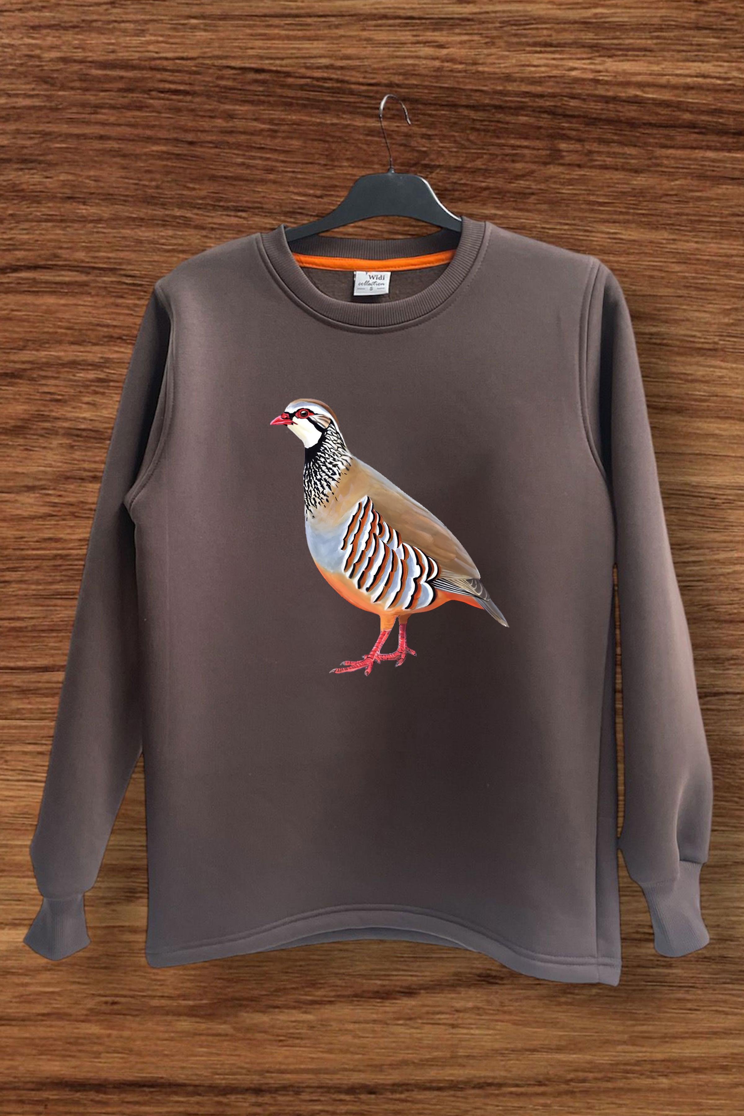 Unisex Avcılık Hunting Vahşi Yaşam Keklik Baskılı Pamuklu Regular Fit Bisiklet Yaka Sweatshirt Kahverengi