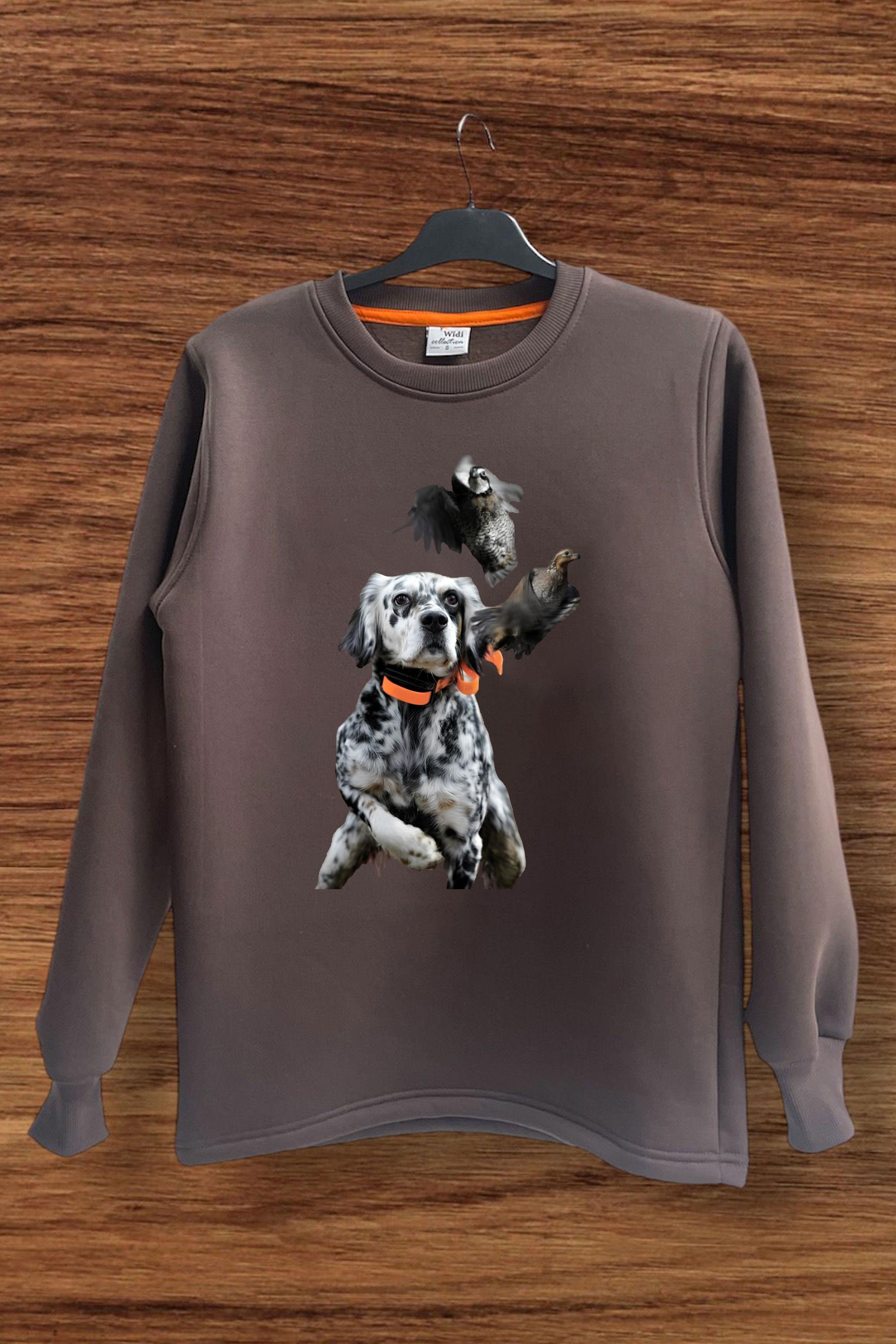 Unisex Avcılık Hunting Vahşi Yaşam Setter Çulluk Keklik Baskılı Regular Fit Bisiklet Yaka Sweatshirt Kahverengi