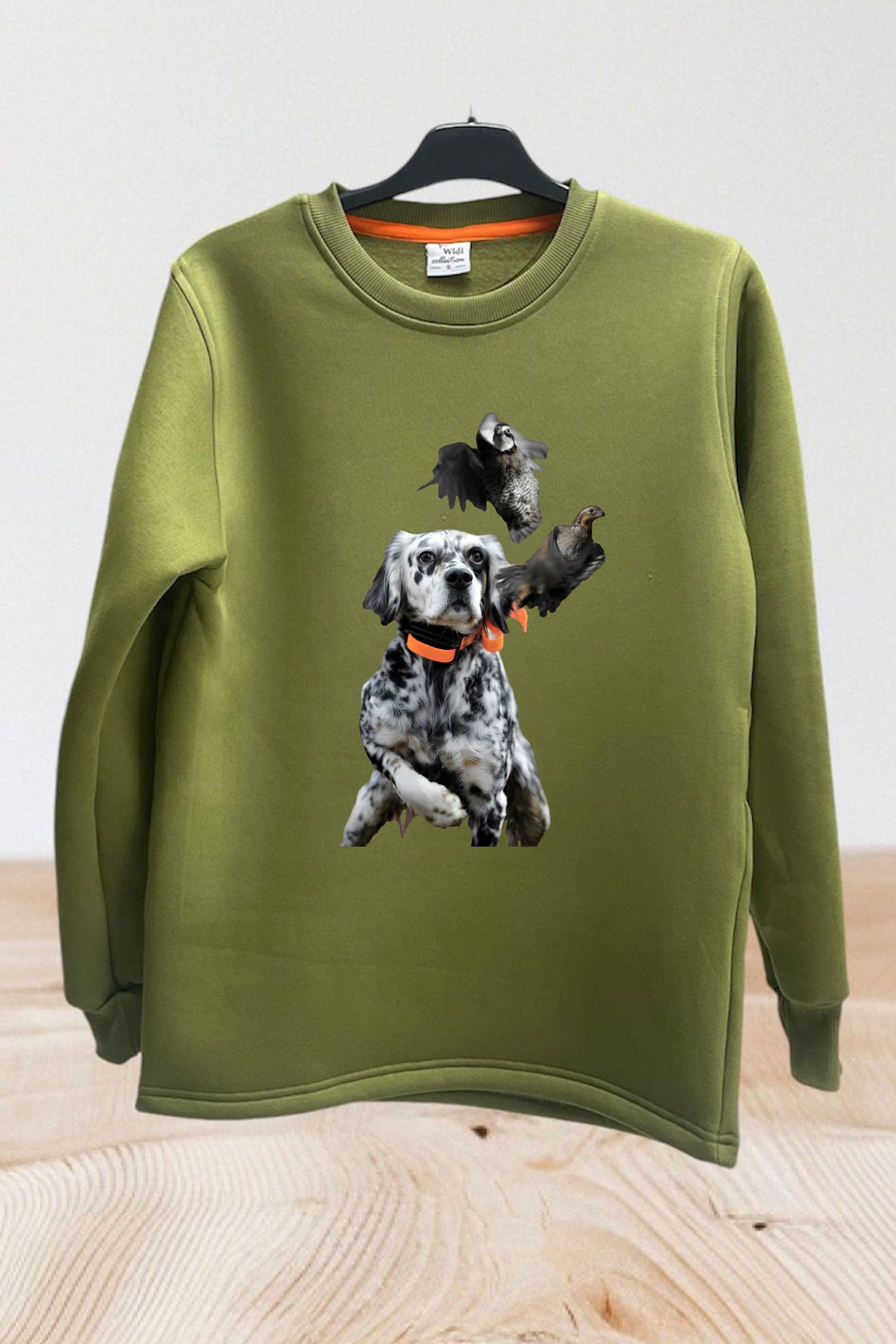 Unisex Avcılık Hunting Vahşi Yaşam Setter Çulluk Keklik Baskılı Regular Fit Bisiklet Yaka Sweatshirt Haki