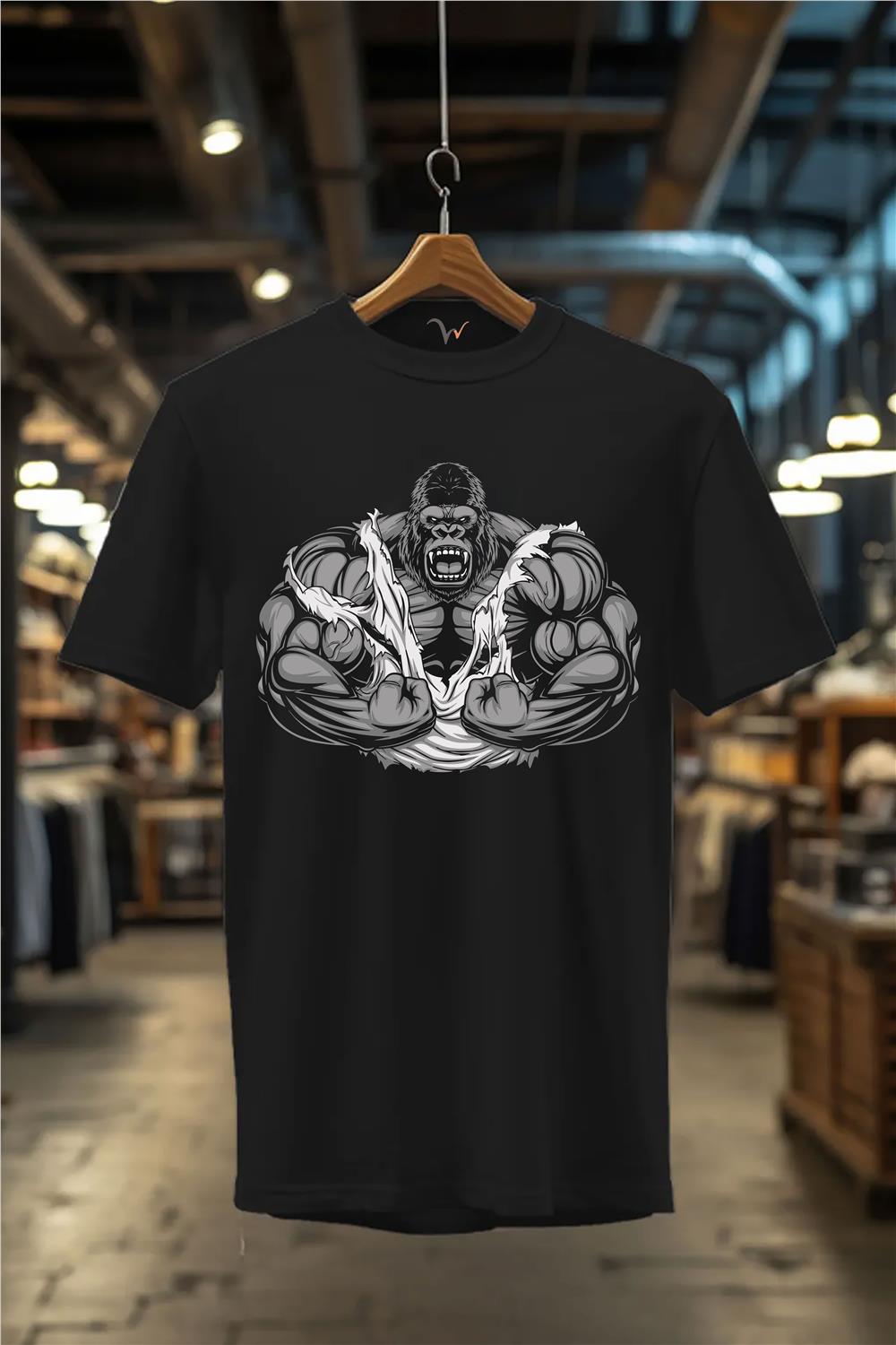 Unisex Fitness Gym Sporcu Goril Baskılı %100 Pamuk Regular Fit Bisiklet Yaka T-Shirt - Siyah