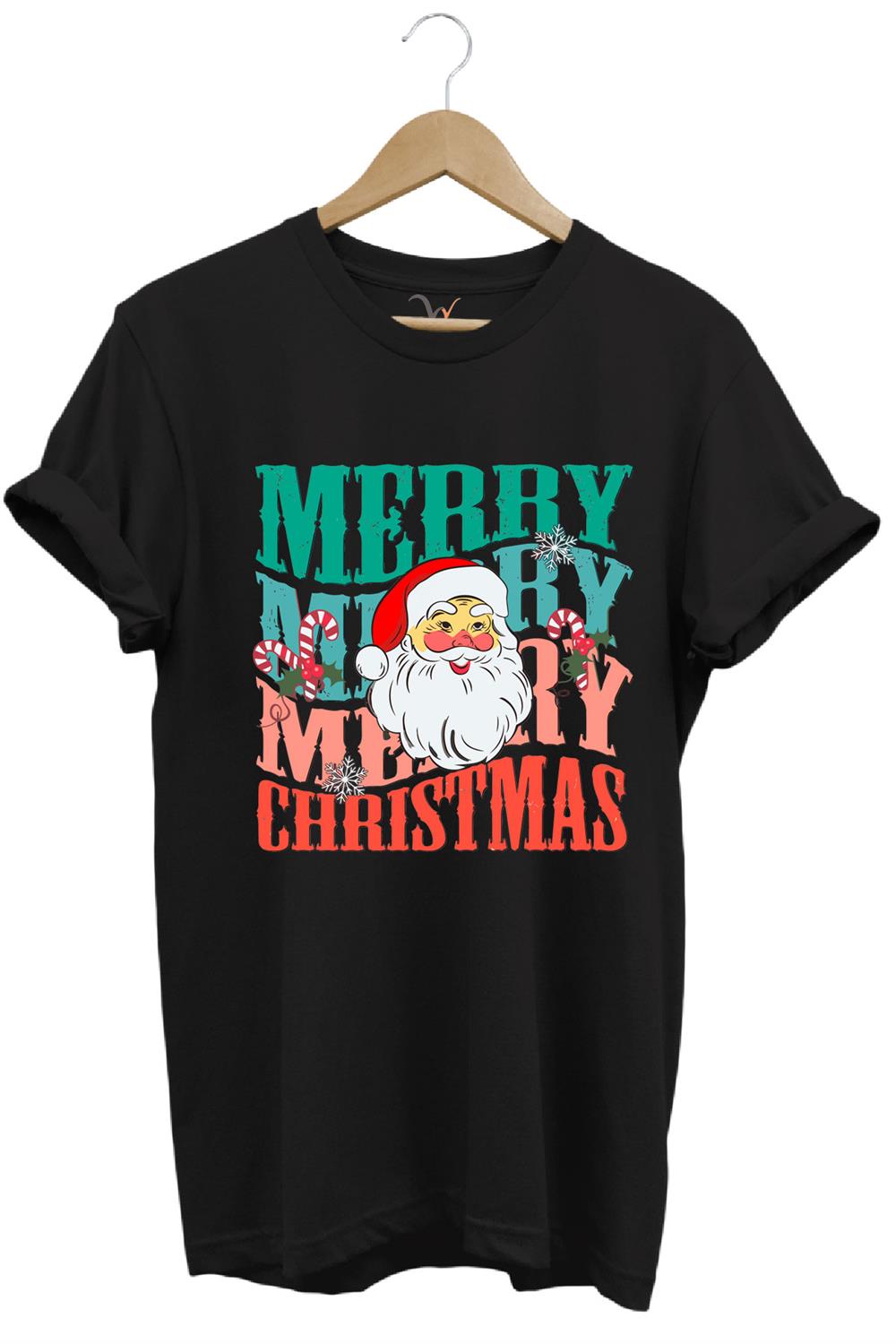 Unisex Yeni Yıl Yılbaşı Noel Baba Merry Christmas Baskılı Şirin Hediye Pamuklu Regular Fit T-Shirt - Siyah
