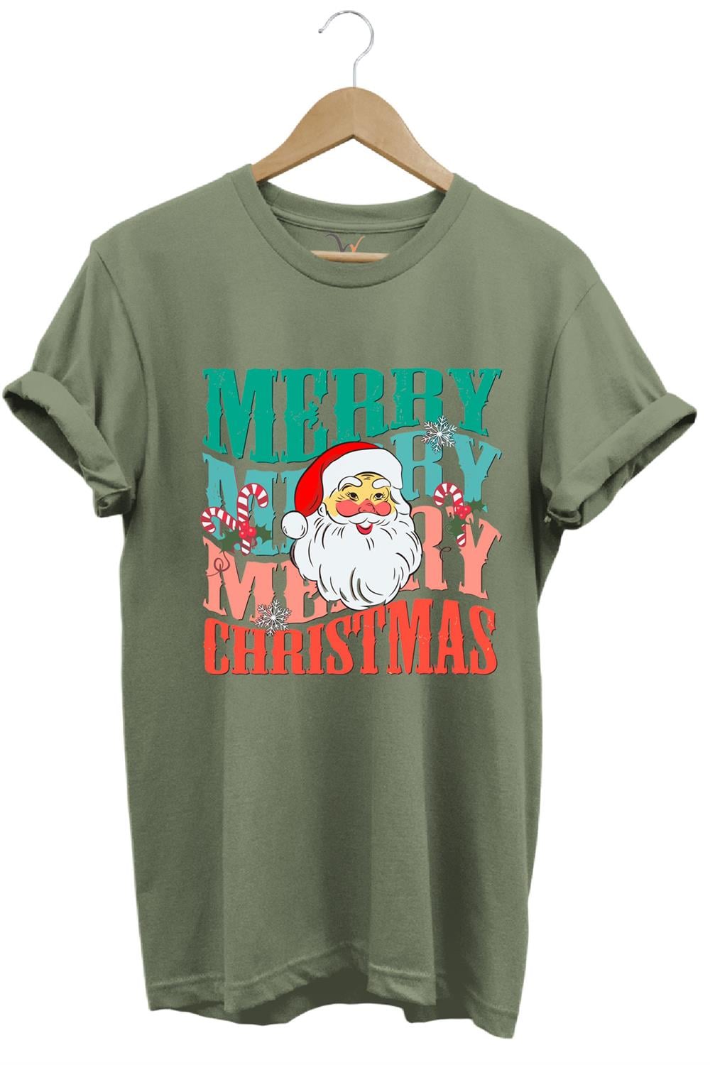 Unisex Yeni Yıl Yılbaşı Noel Baba Merry Christmas Baskılı Şirin Hediye Pamuklu Regular Fit T-Shirt - Haki