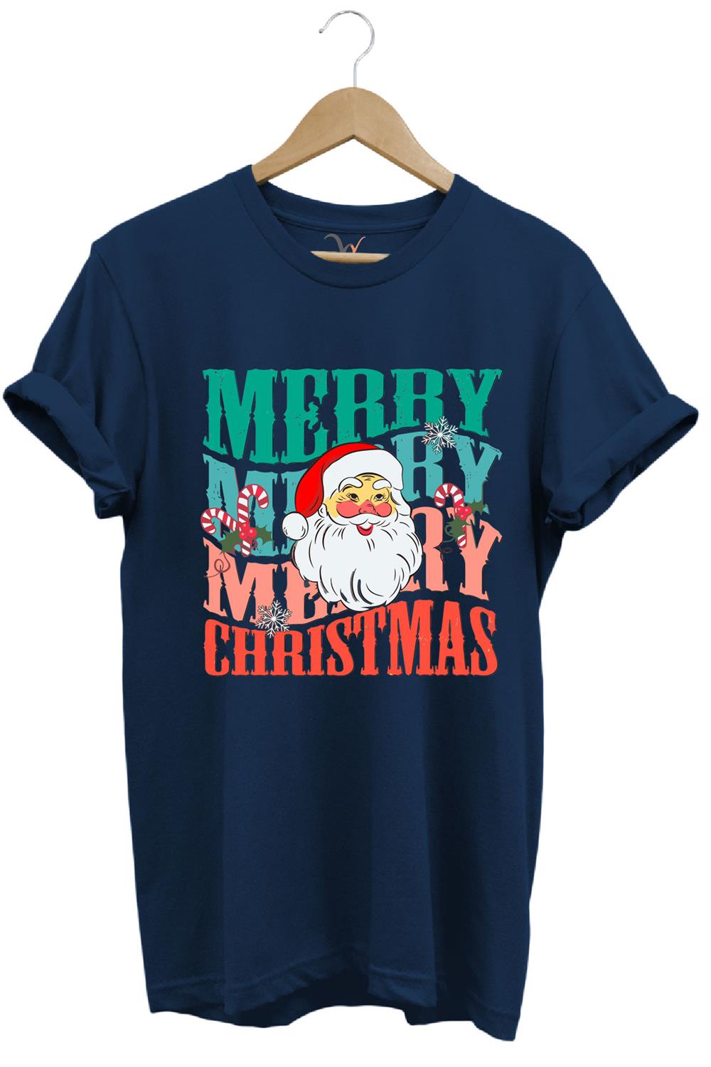 Unisex Yeni Yıl Yılbaşı Noel Baba Merry Christmas Baskılı Şirin Hediye Pamuklu Regular Fit T-Shirt - Lacivert
