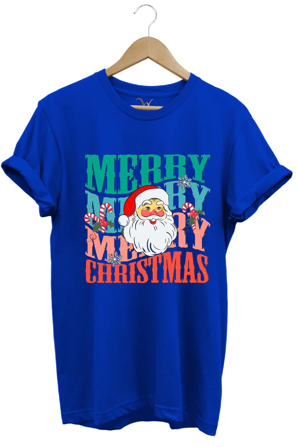 Unisex Yeni Yıl Yılbaşı Noel Baba Merry Christmas Baskılı Şirin Hediye Pamuklu Regular Fit T-Shirt - Mavi