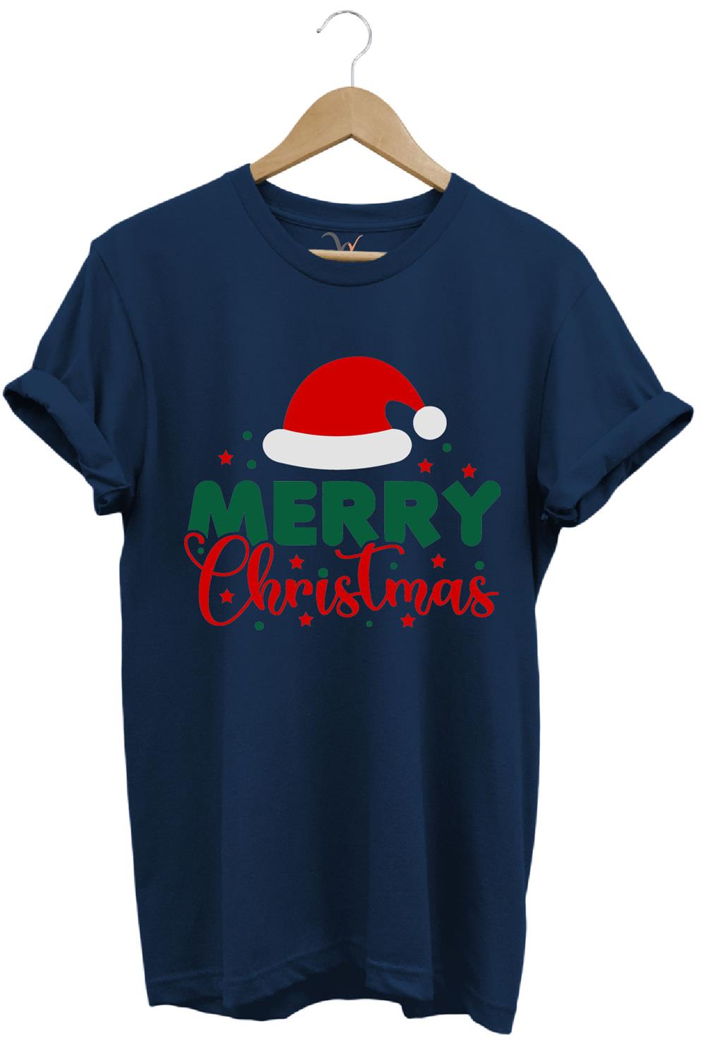 Unisex Yılbaşı Yeni Yıl Merry Christmas Noel Baba Baskılı %100 Pamuk Regular Fit T-Shirt - Lacivert