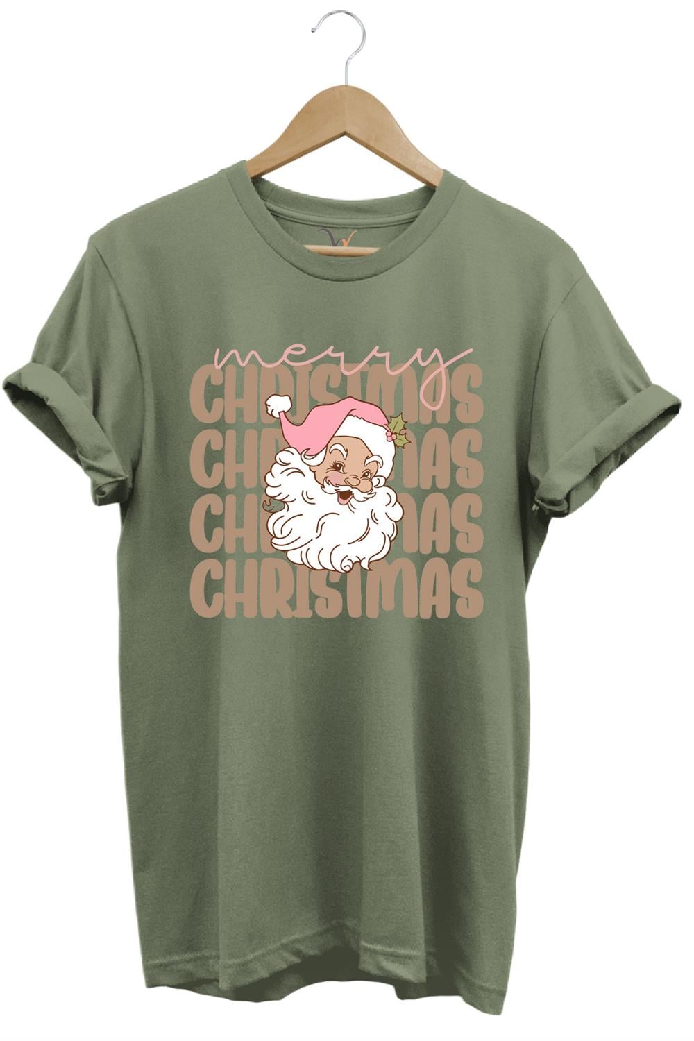 Unisex Yılbaşı Yeni Yıl Noel Baba Merry Christmas Kar Baskılı %100 Pamuk Regular Fit T-Shirt - Haki