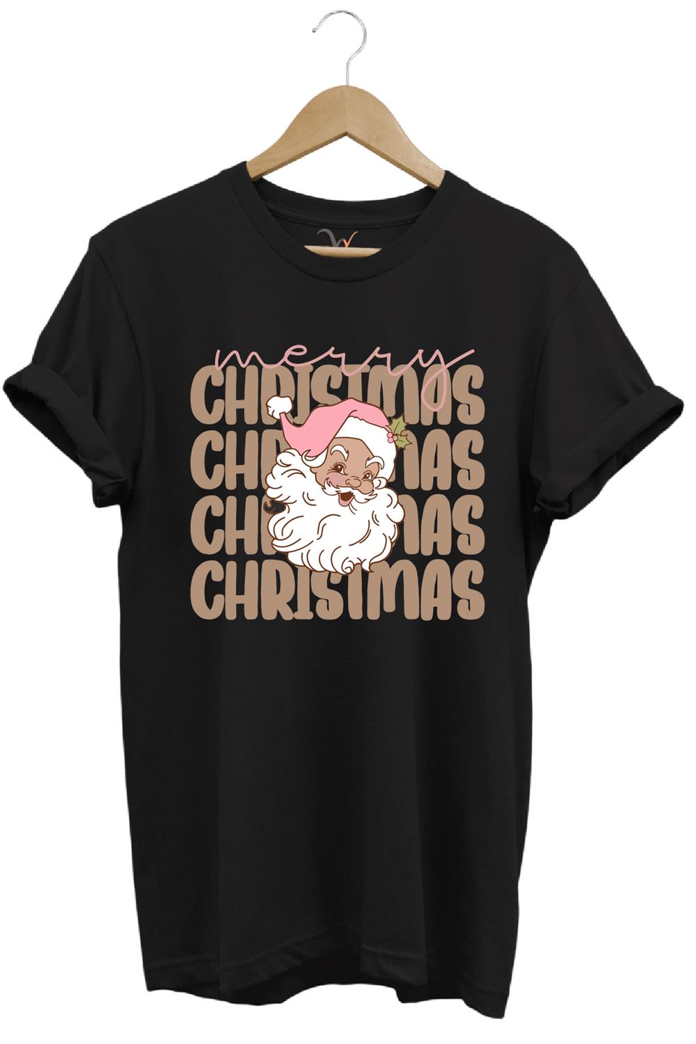 Unisex Yılbaşı Yeni Yıl Noel Baba Merry Christmas Kar Baskılı %100 Pamuk Regular Fit T-Shirt - Siyah