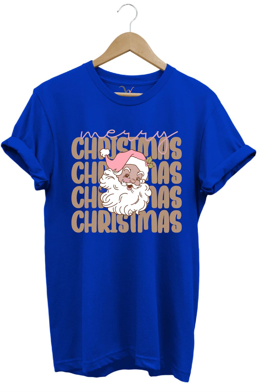 Unisex Yılbaşı Yeni Yıl Noel Baba Merry Christmas Kar Baskılı %100 Pamuk Regular Fit T-Shirt - Mavi