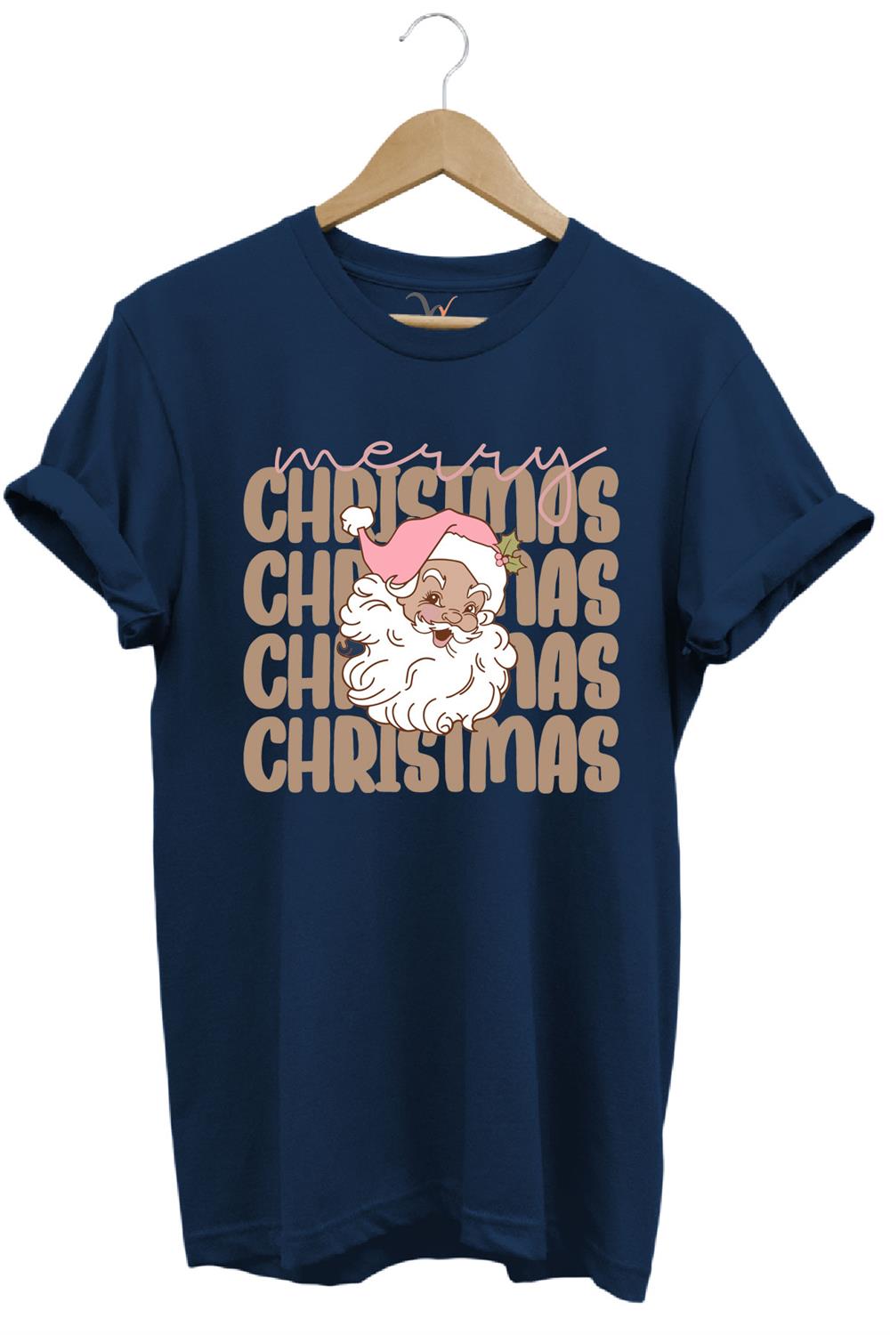 Unisex Yılbaşı Yeni Yıl Noel Baba Merry Christmas Kar Baskılı %100 Pamuk Regular Fit T-Shirt - Lacivert